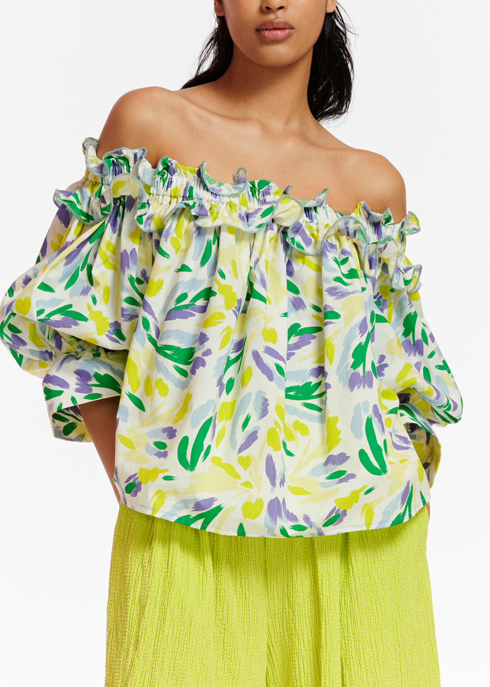 Top met blote schouders en witte, gele en paarse bloemenprint RE—SSENTIEL | Essentiel second hand