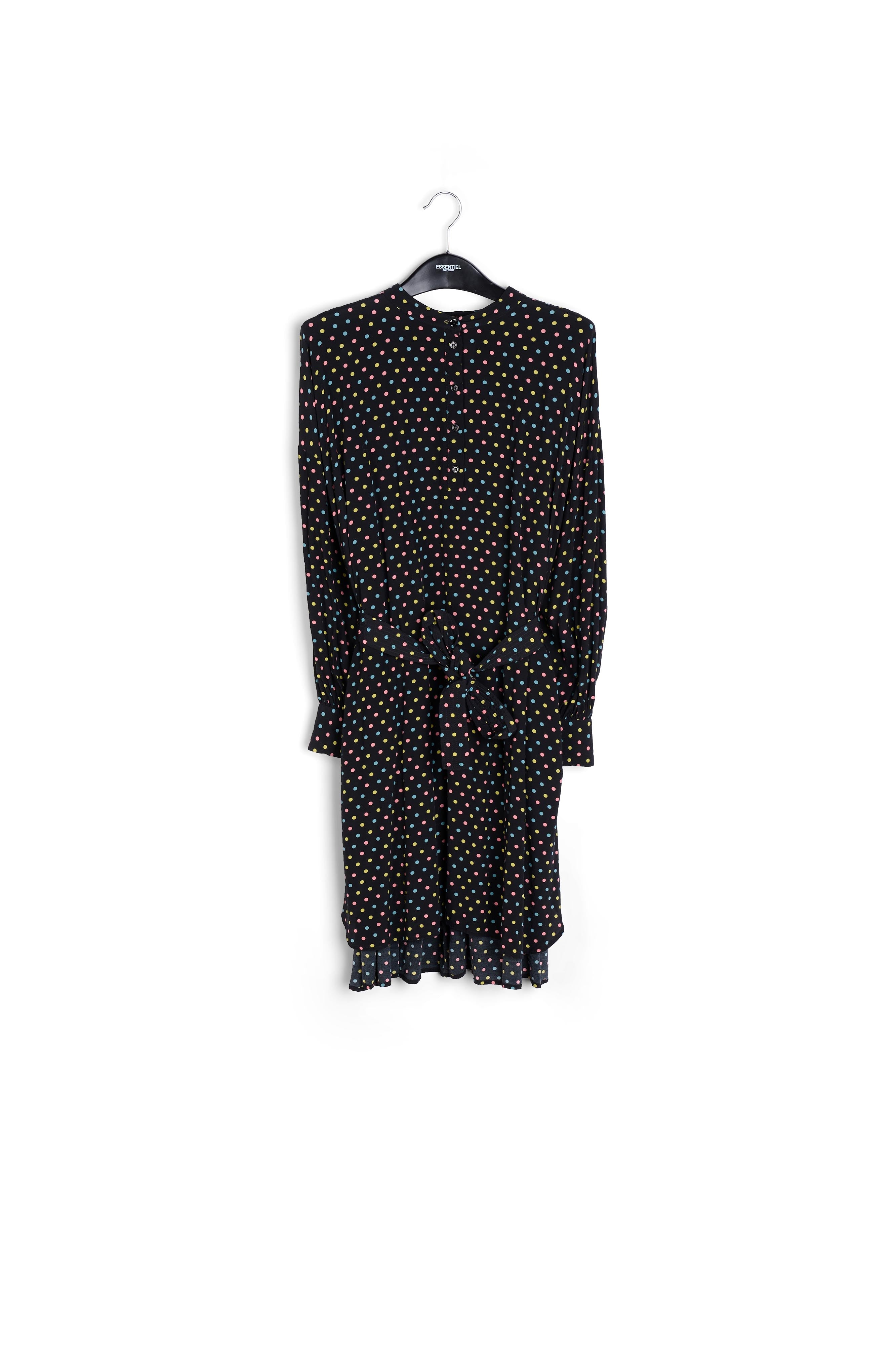 Zwarte hemdjurk met stippen en geplisseerde achterkant RE—SSENTIEL | Essentiel second hand