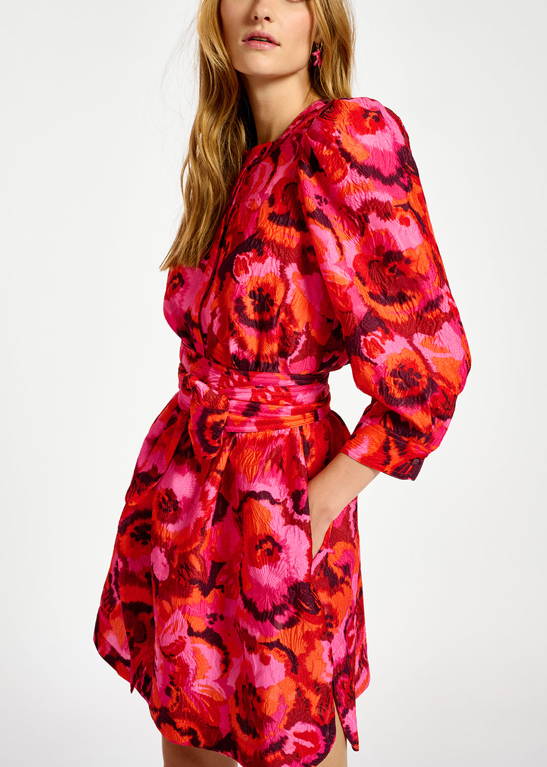 Pink and red jacquard belted mini dress RE—SSENTIEL | Essentiel second hand