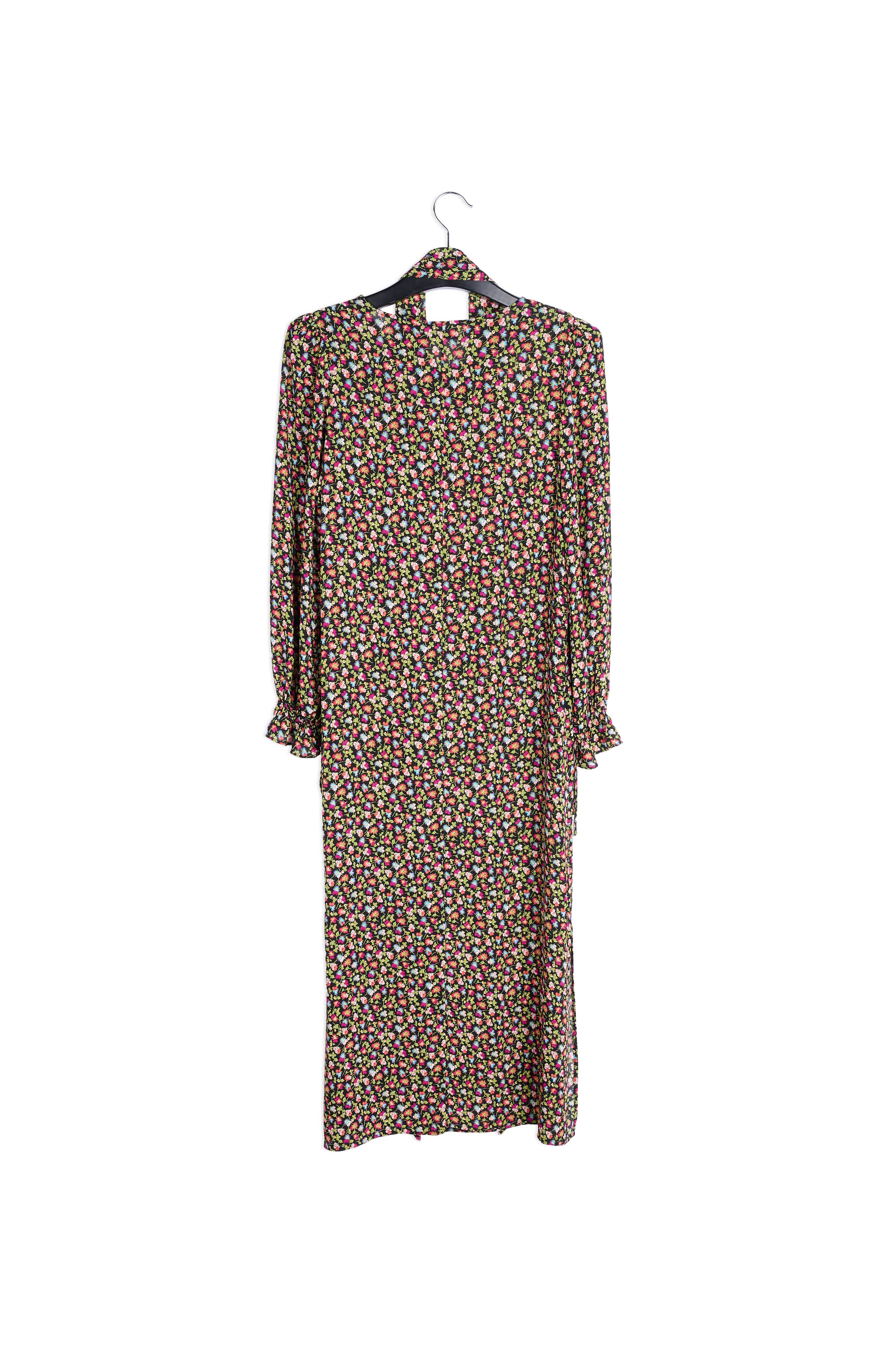 Midi-jurk met riem en zwarte, lichtgroene en fuchsia bloemenprint RE—SSENTIEL | Essentiel second hand