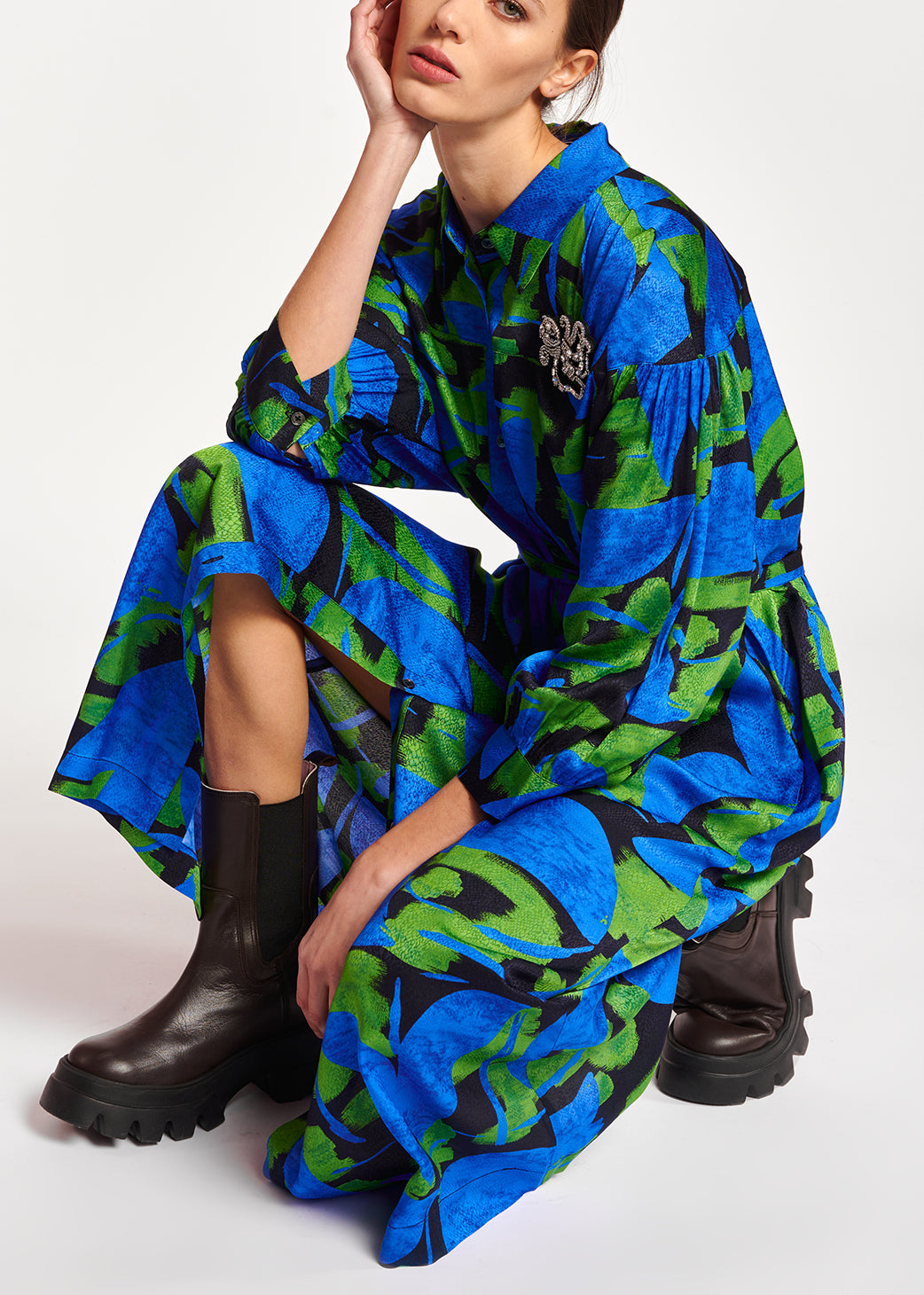 Blue, black and green abstract print midi dress RE—SSENTIEL | Essentiel second hand