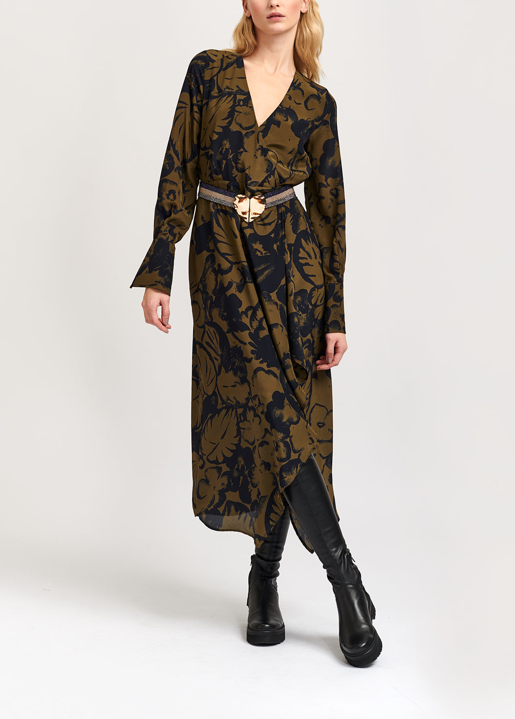 Navy blue botanical-print silk midi dress RE—SSENTIEL | Essentiel second hand