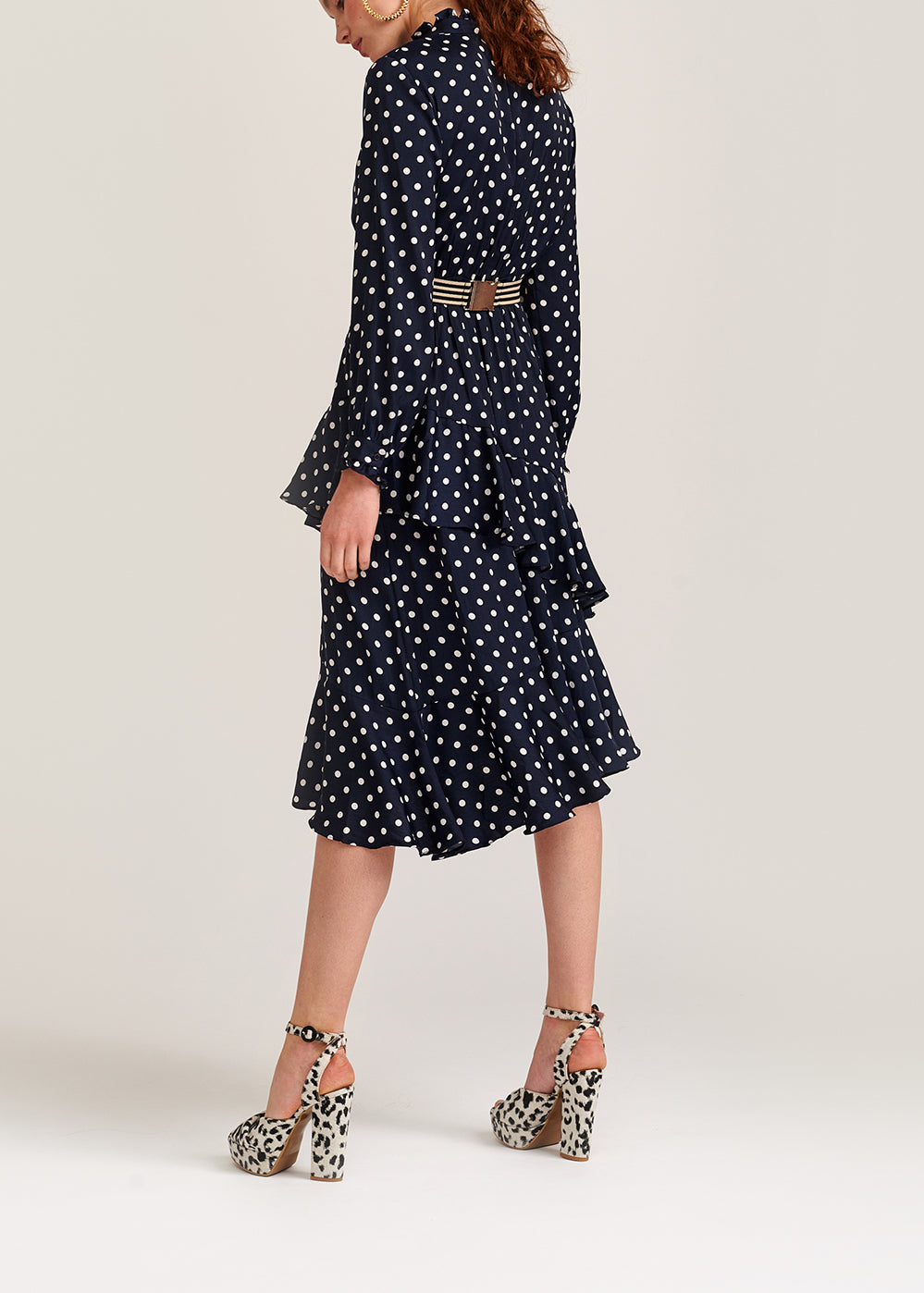 Dark blue polka dot ruffled midi dress RE—SSENTIEL | Essentiel second hand