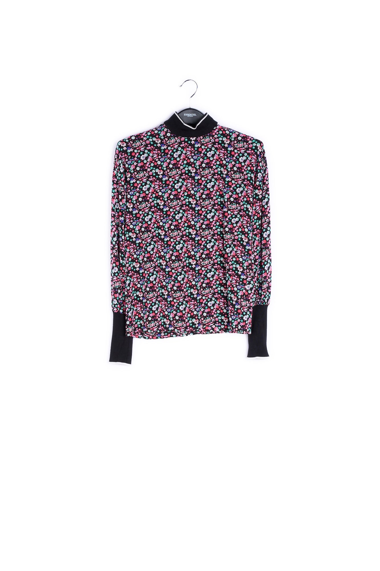 Black floral-print top with contrasting trims RE—SSENTIEL | Essentiel second hand