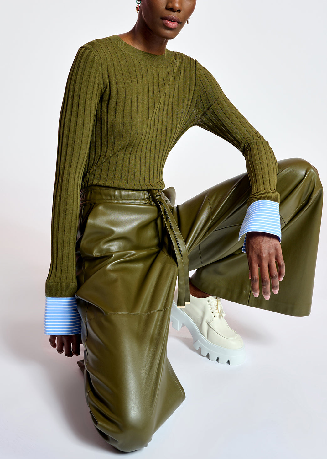 Khaki rib-knitted sweater with striped cuffs RE—SSENTIEL | Essentiel second hand