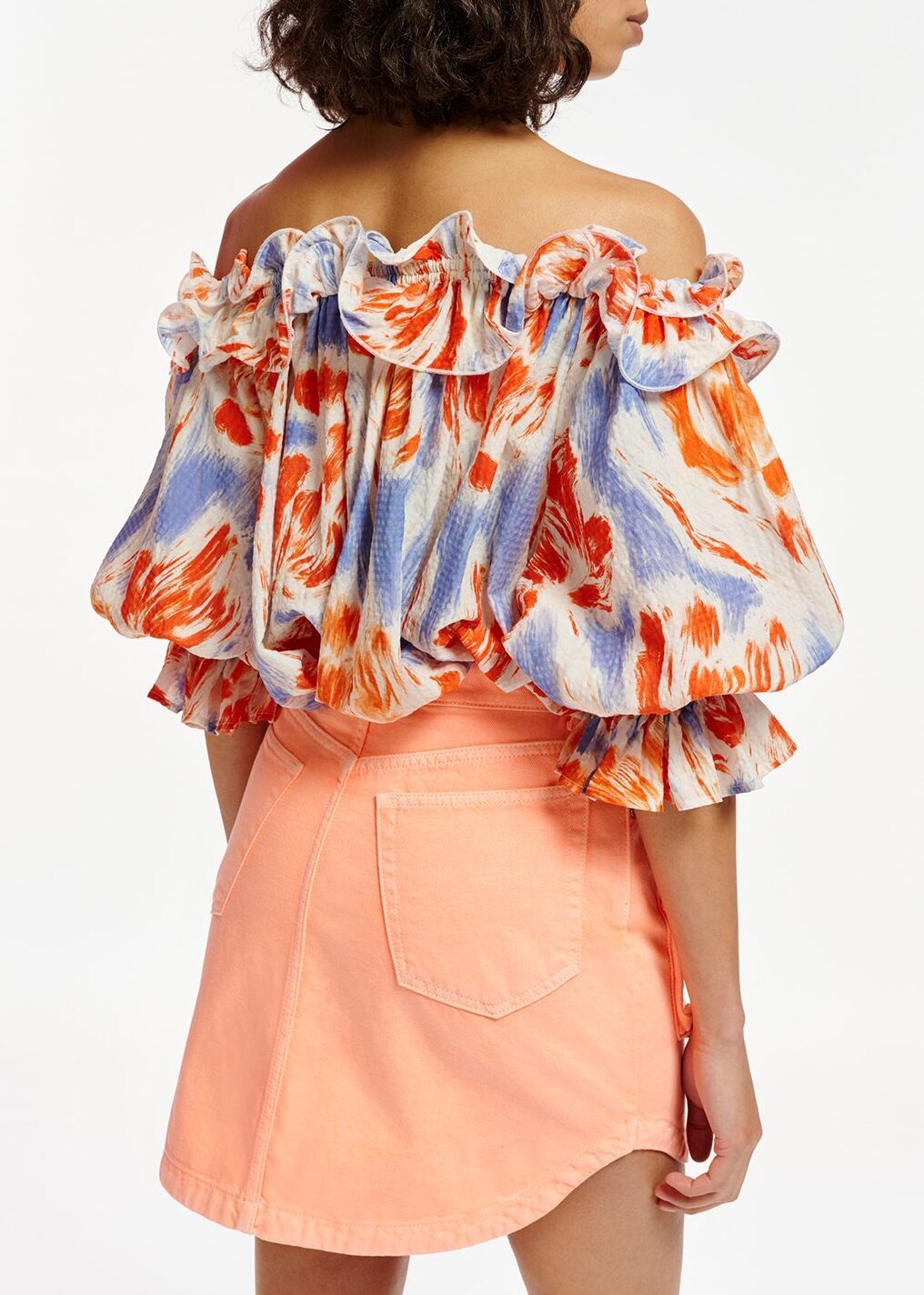 Light blue and orange floral print off-the-shoulder top RE—SSENTIEL | Essentiel second hand