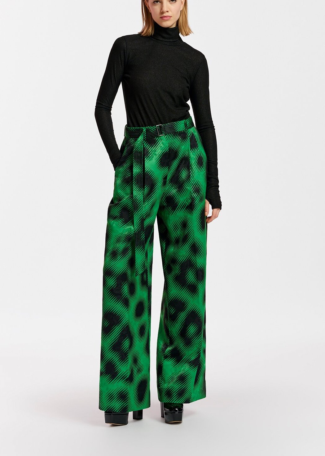 Groene jacquard broek met riem en luipaardprint RE—SSENTIEL | Essentiel second hand