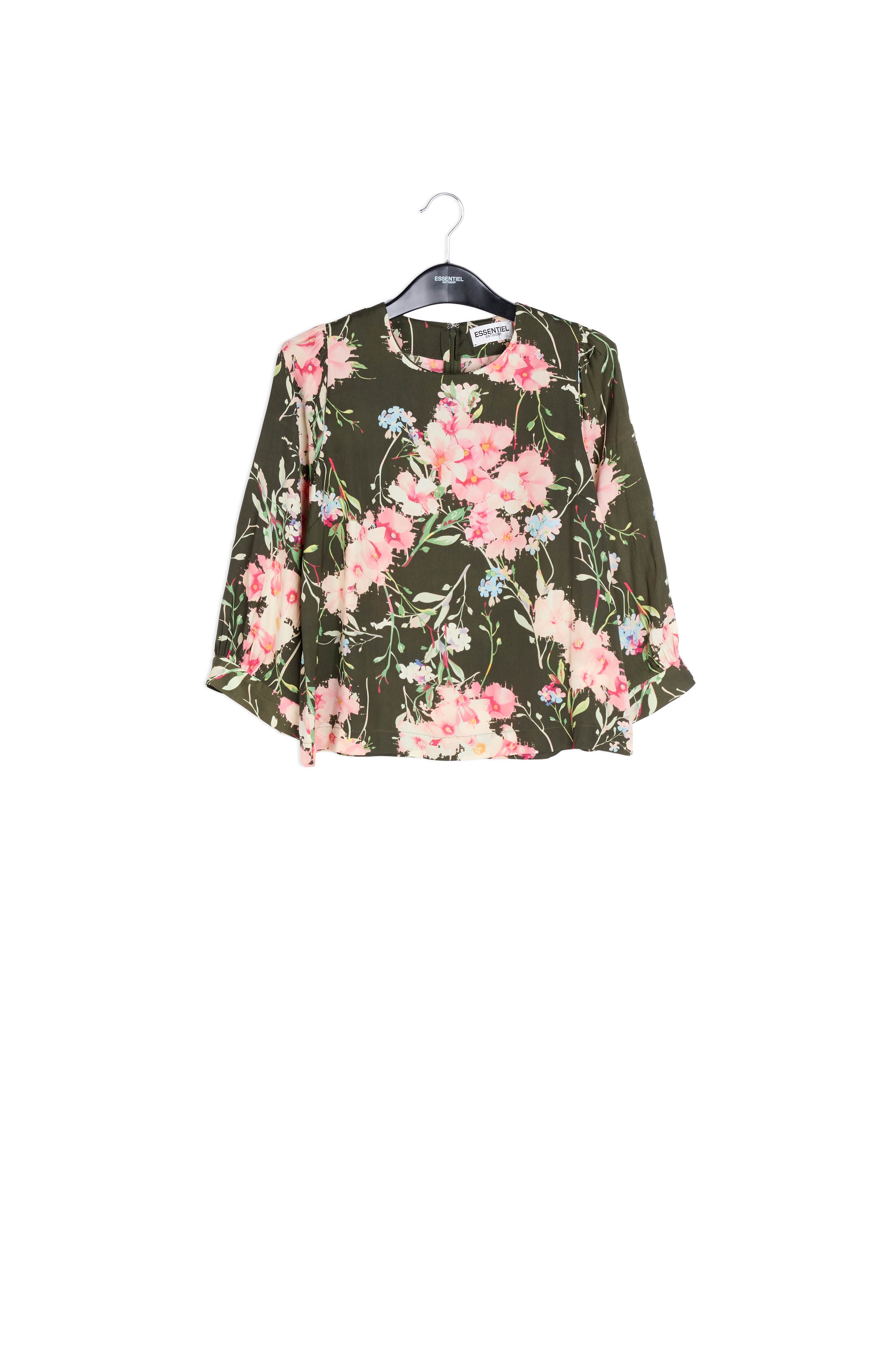 Kaki bloementop met pofmouwen RE—SSENTIEL | Essentiel second hand