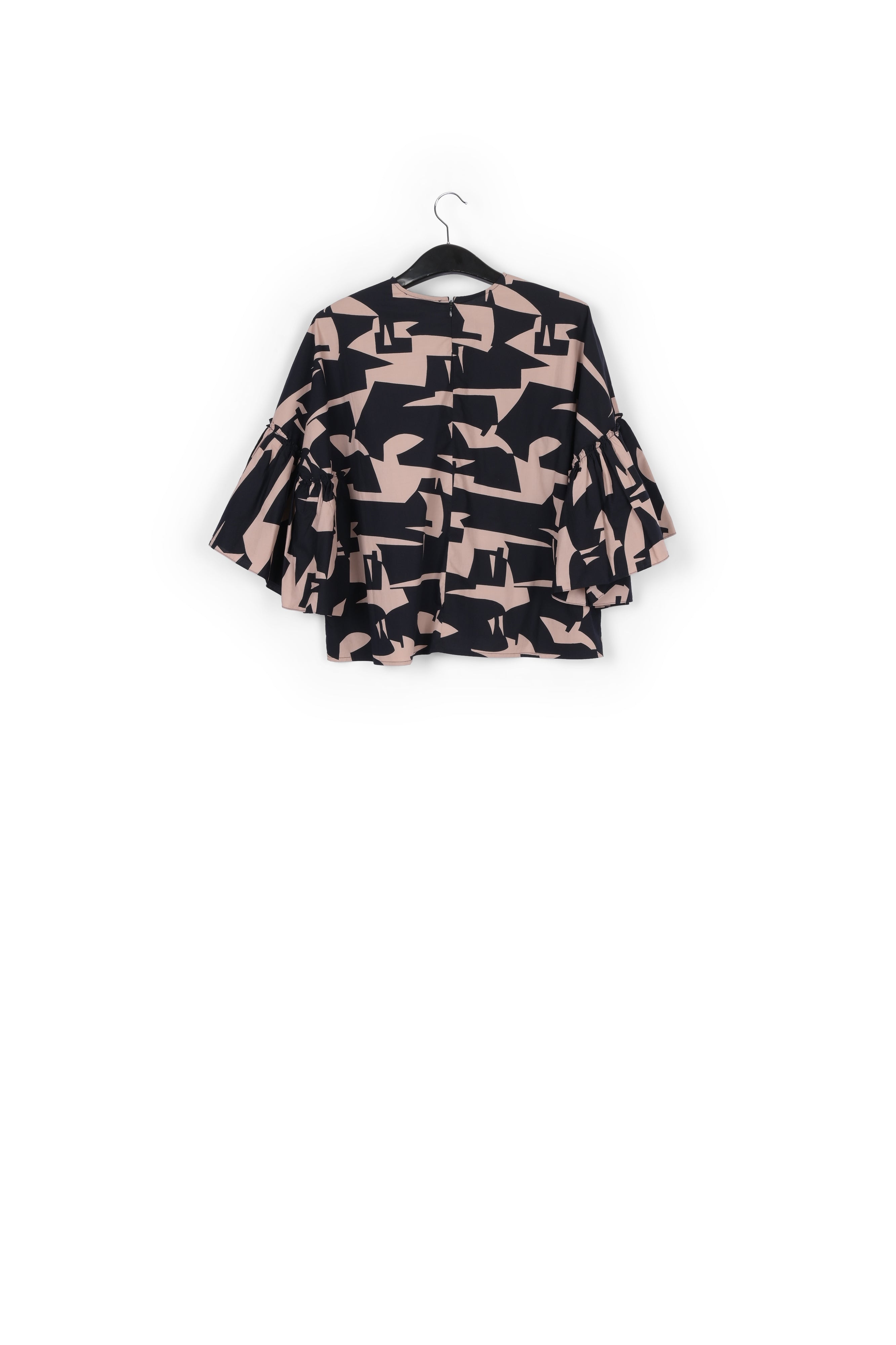 Dark blue and beige graphic printed top with ruffled sleeves RE—SSENTIEL | Essentiel second hand