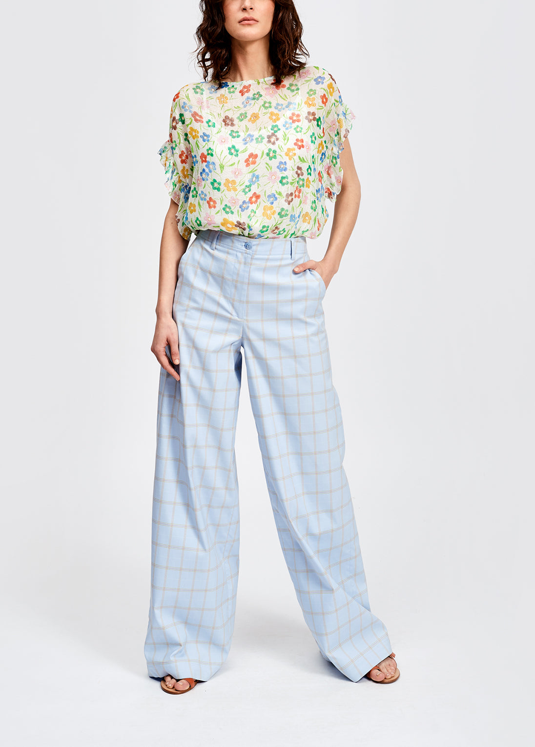 Lichtblauwe tartanbroek met wijde pijpen RE—SSENTIEL | Essentiel second hand