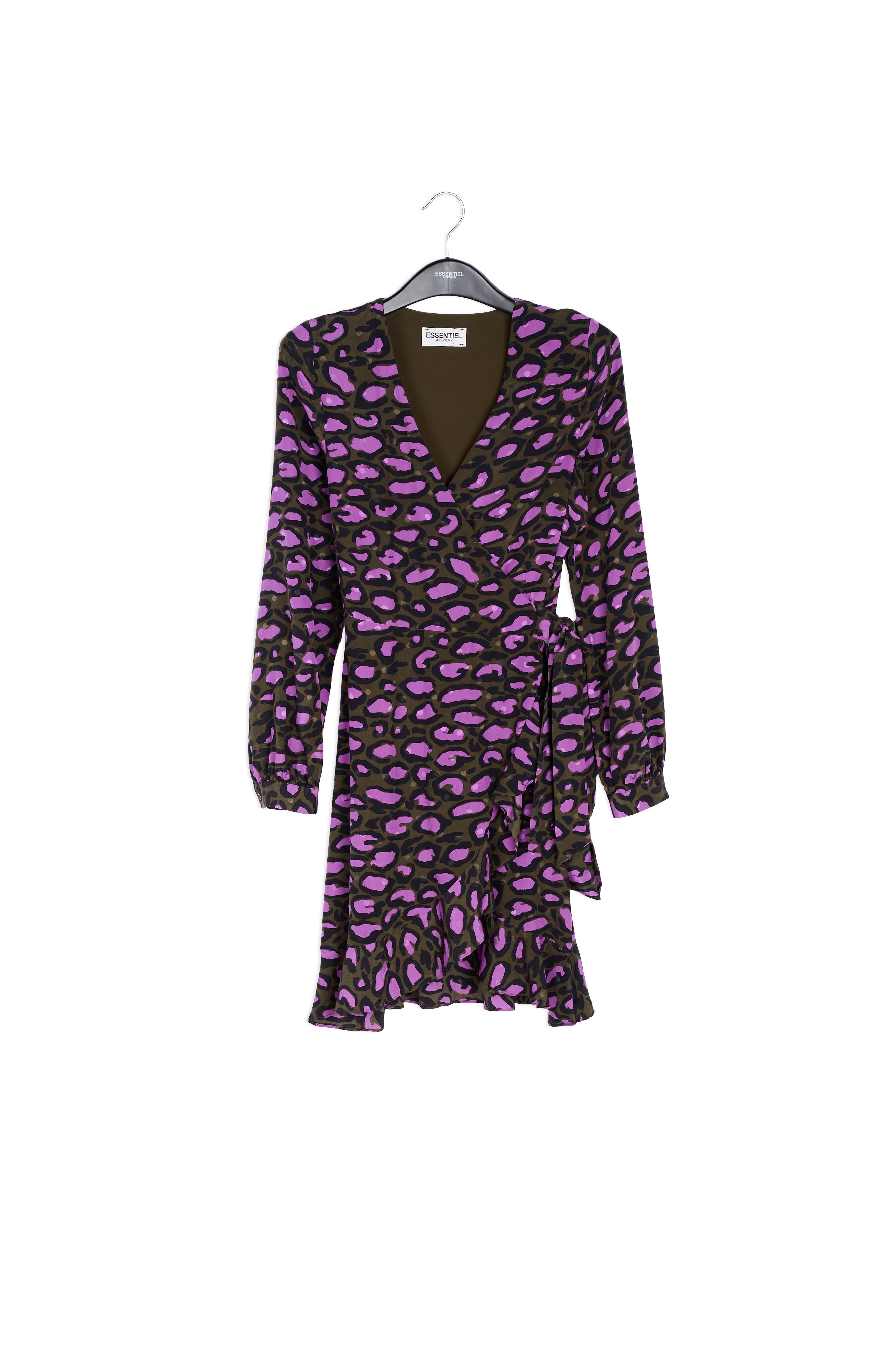 Kakigroene zijden wikkeljurk met luipaardprint RE—SSENTIEL | Essentiel second hand