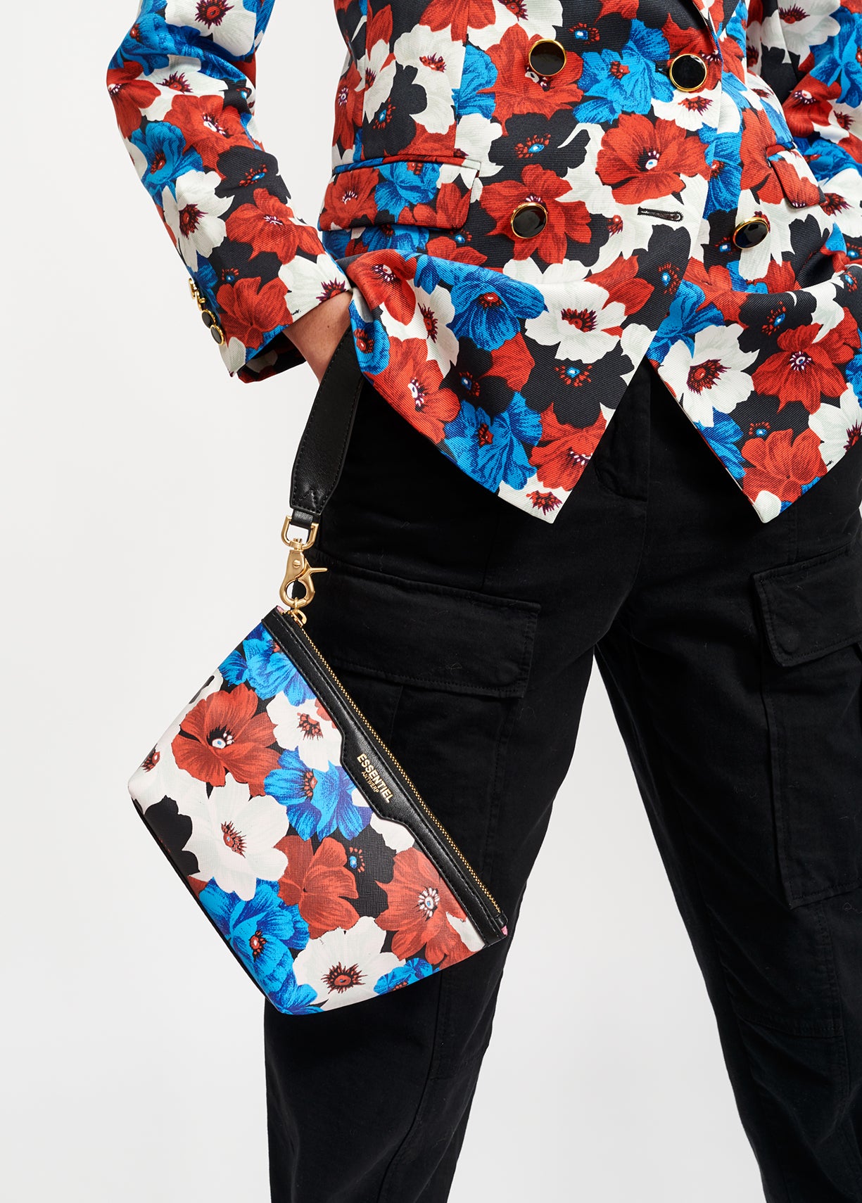 Veste tailleur rouge, bleue et blanche à imprimé fleuri RE—SSENTIEL | Essentiel second hand