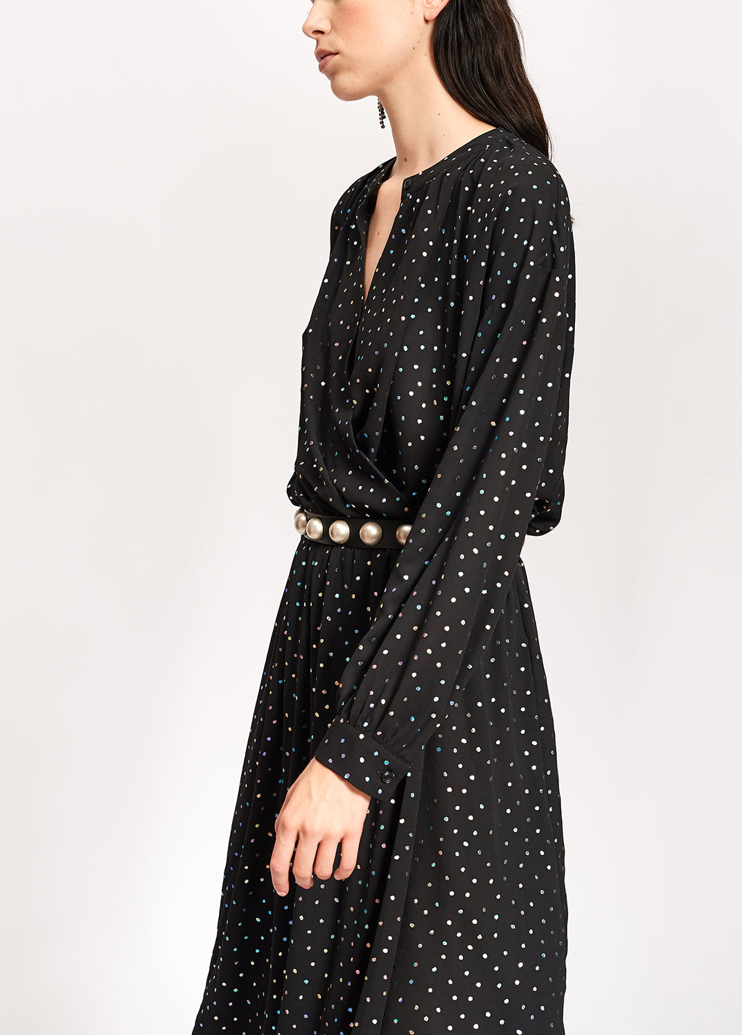 Robe midi noire ceinturée à pois holographiques RE—SSENTIEL | Essentiel second hand