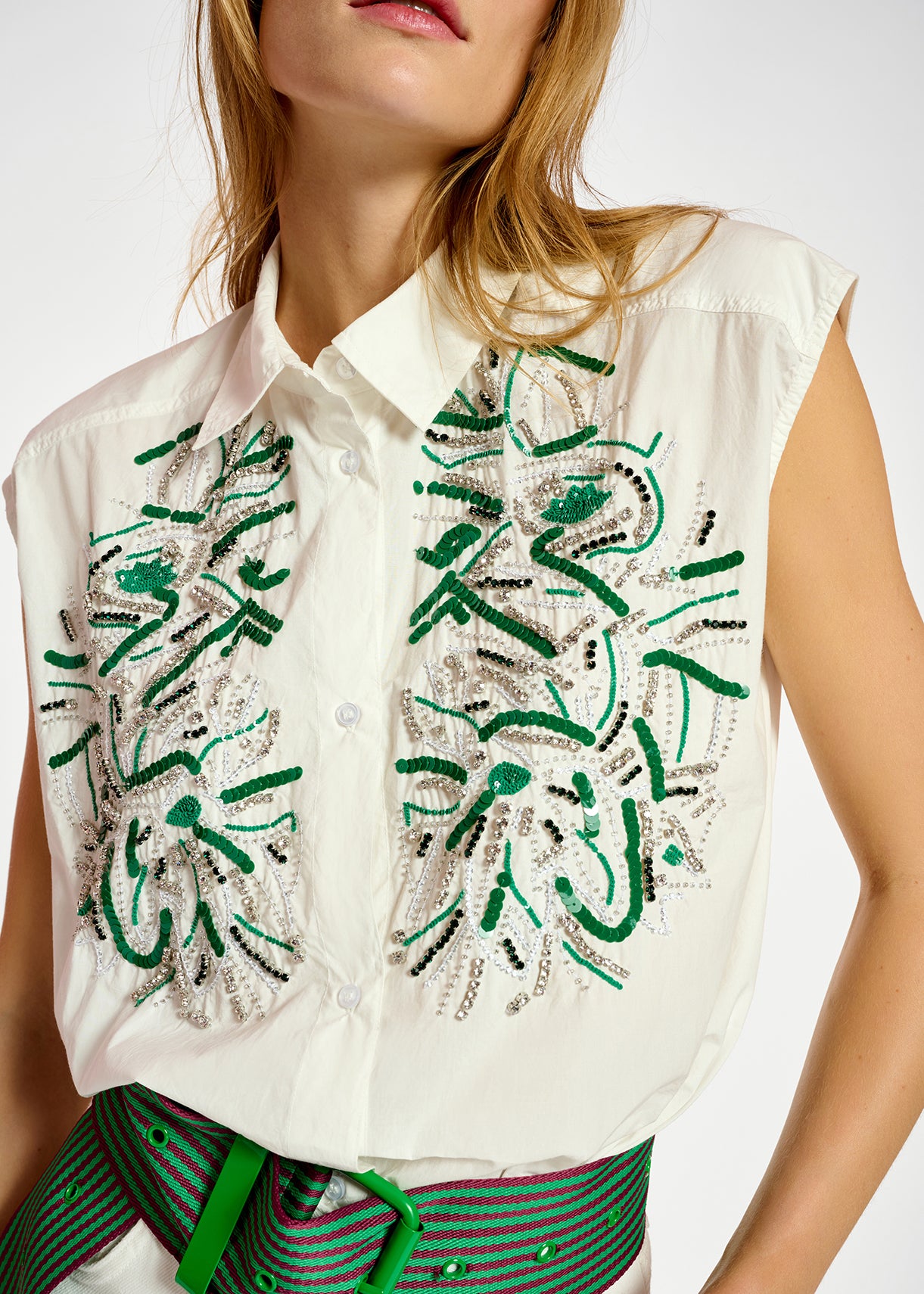 White sequin and rhinestone-embellished sleeveless shirt RE—SSENTIEL | Essentiel second hand