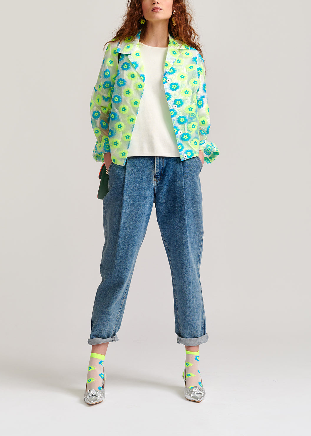 Veste transparente à fleurs vert fluo et bleu RE—SSENTIEL | Essentiel second hand