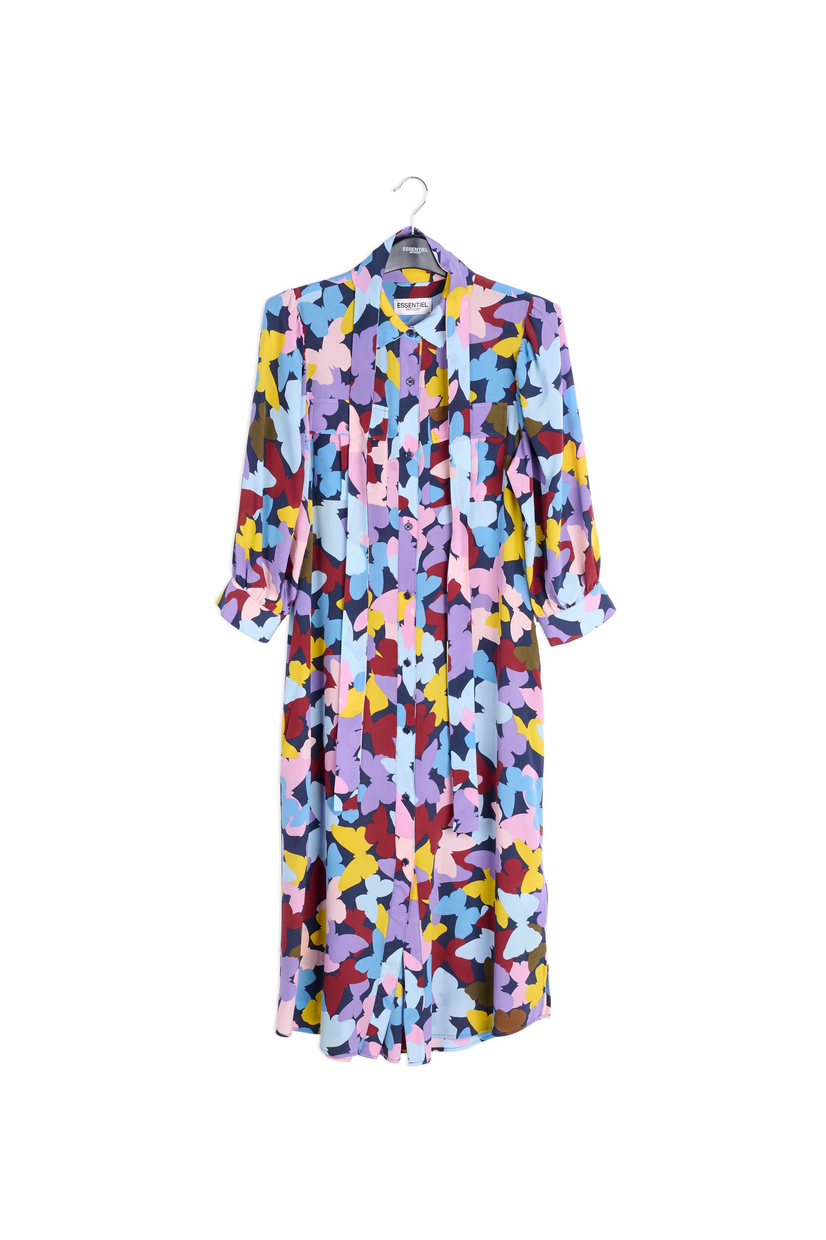 Silk burgundy, lilac and blue butterfly-print midi dress RE—SSENTIEL | Essentiel second hand