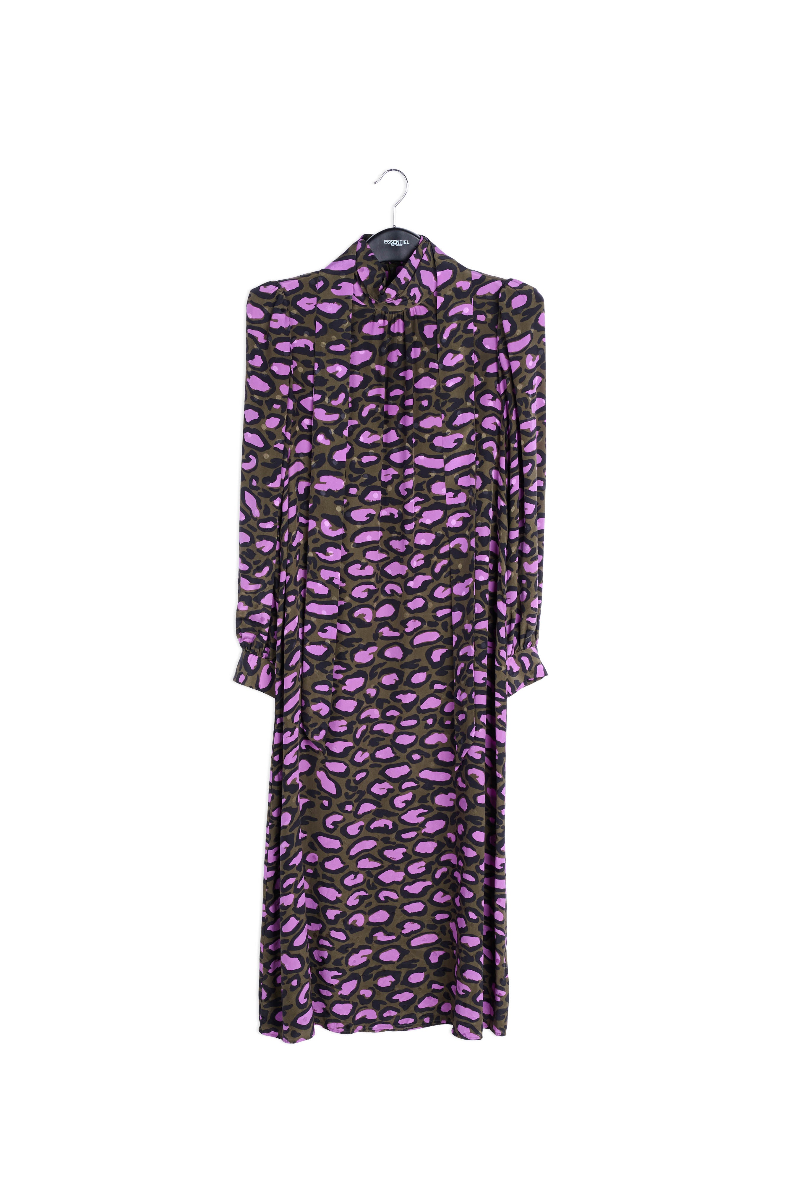 Flesgroene zijden midi-jurk met opstaande kraag en luipaardprint RE—SSENTIEL | Essentiel second hand