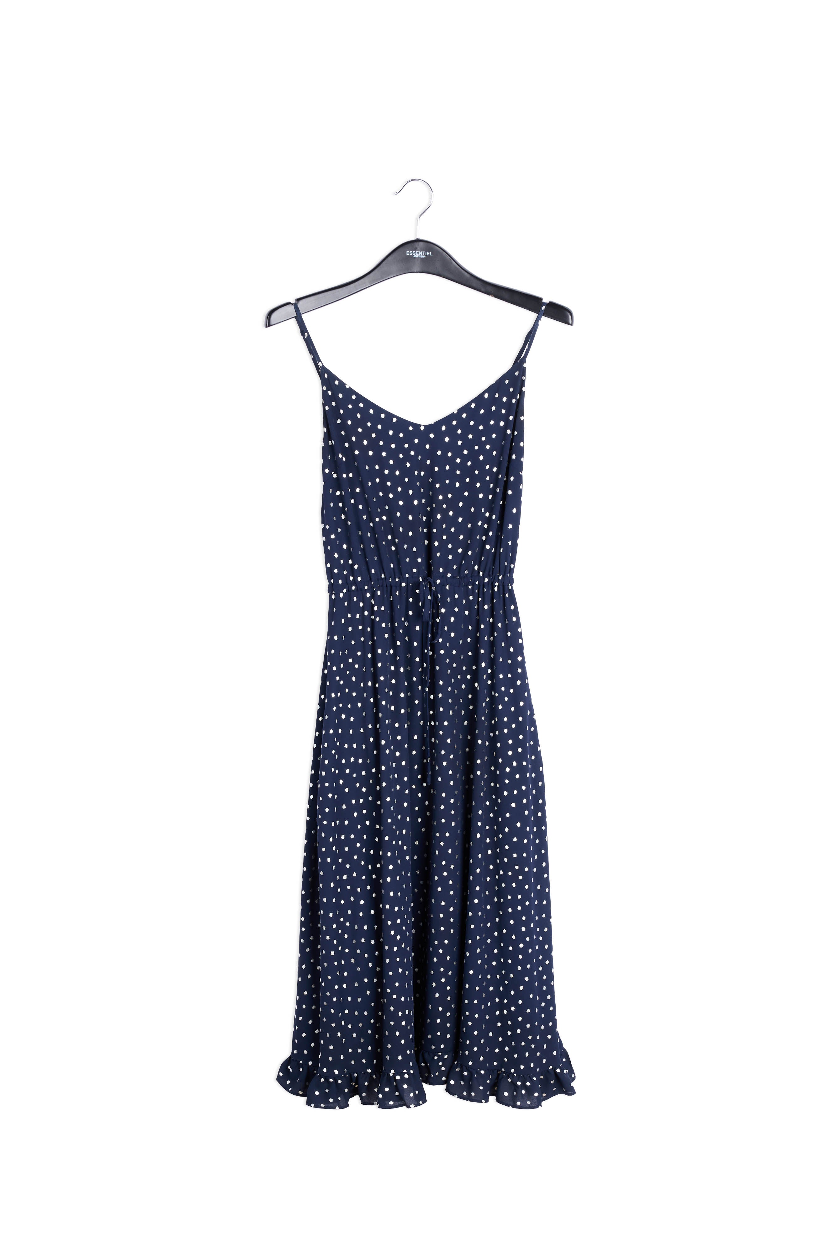 Dark blue flared midi dress with silver polka dots RE—SSENTIEL | Essentiel second hand