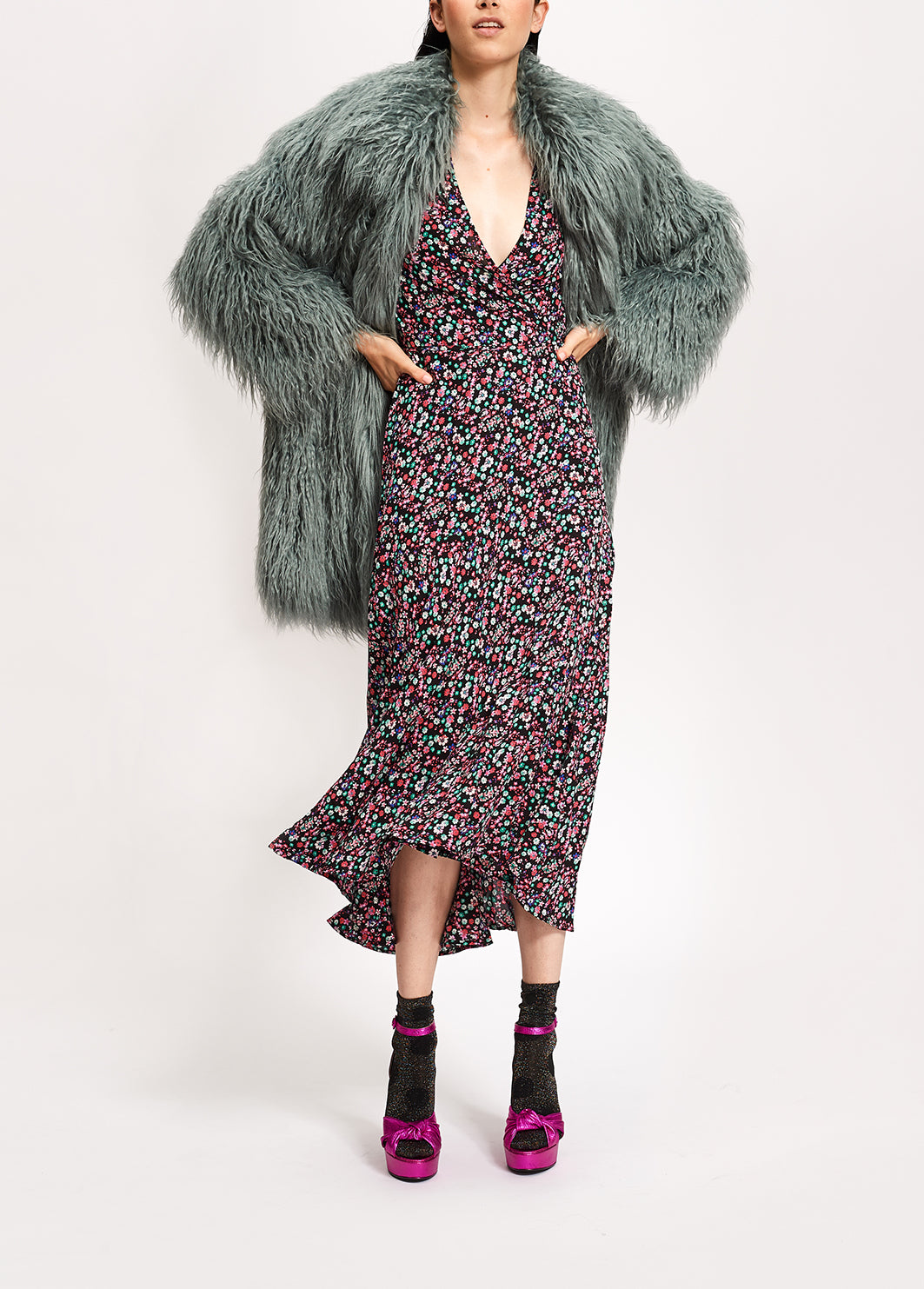 Black floral-print wrap maxi dress RE—SSENTIEL | Essentiel second hand