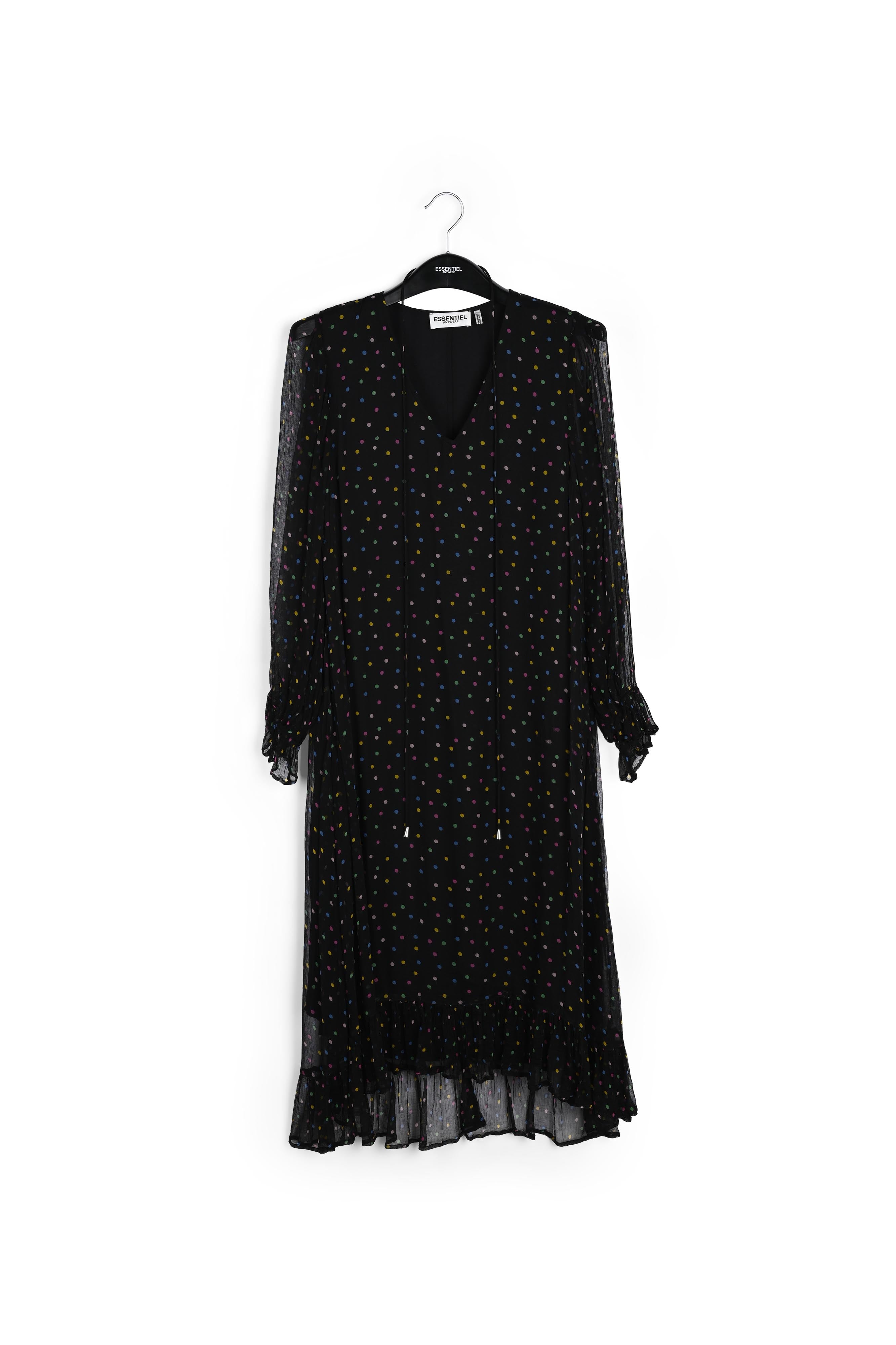 Black polka dot maxi dress with frilled hem RE—SSENTIEL | Essentiel second hand