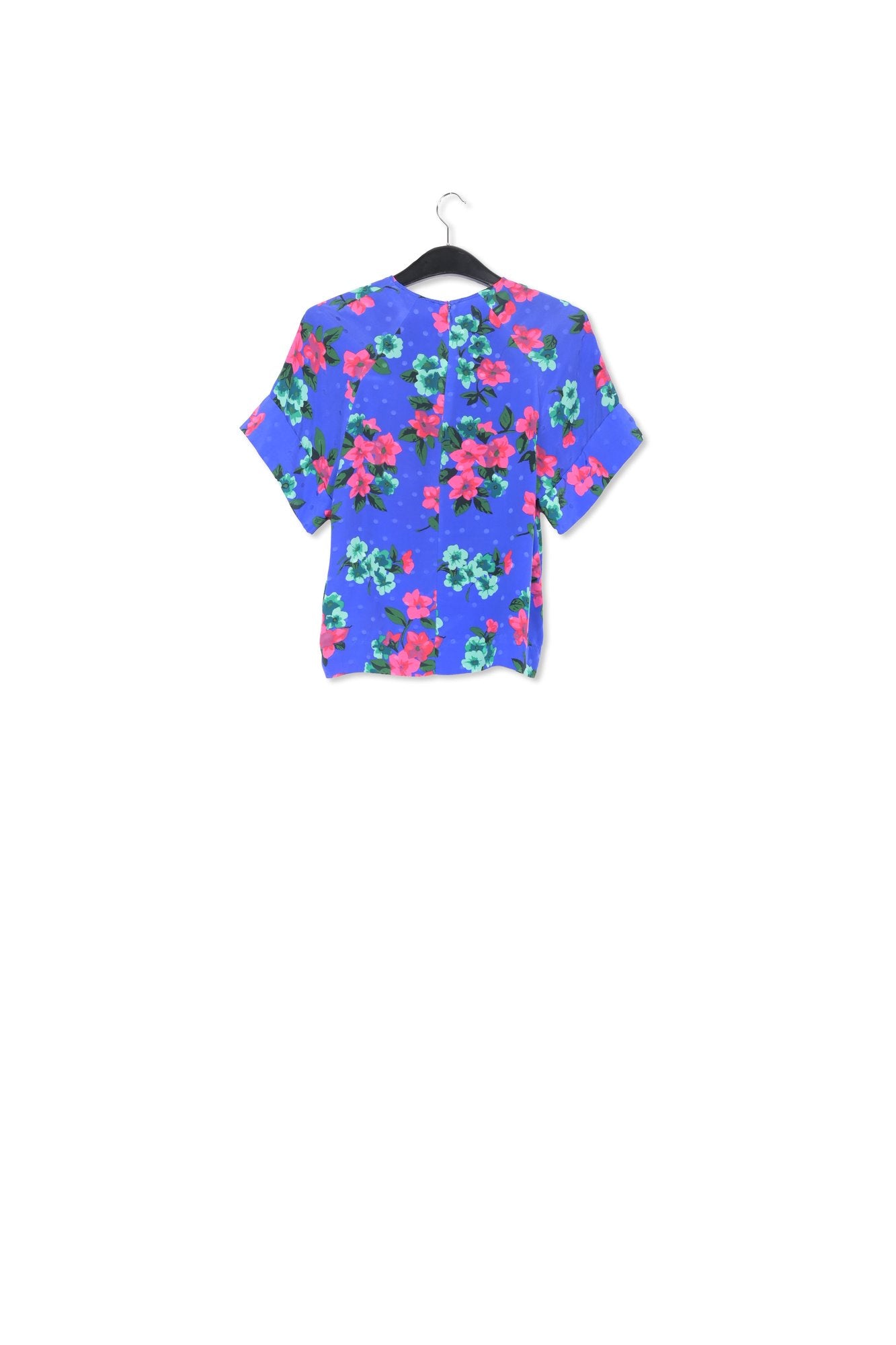 Blauwe zijden top met bloemen en stippen RE—SSENTIEL | Essentiel second hand