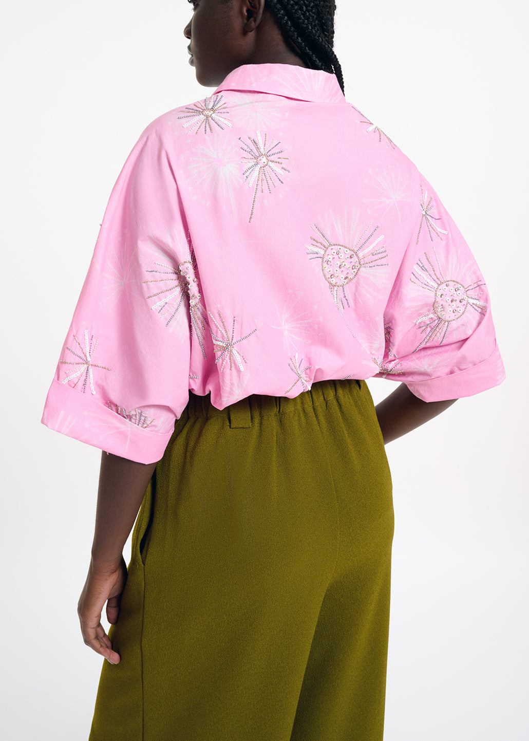 Pink cotton shirt with sequin and beaded embroideries RE—SSENTIEL | Essentiel second hand