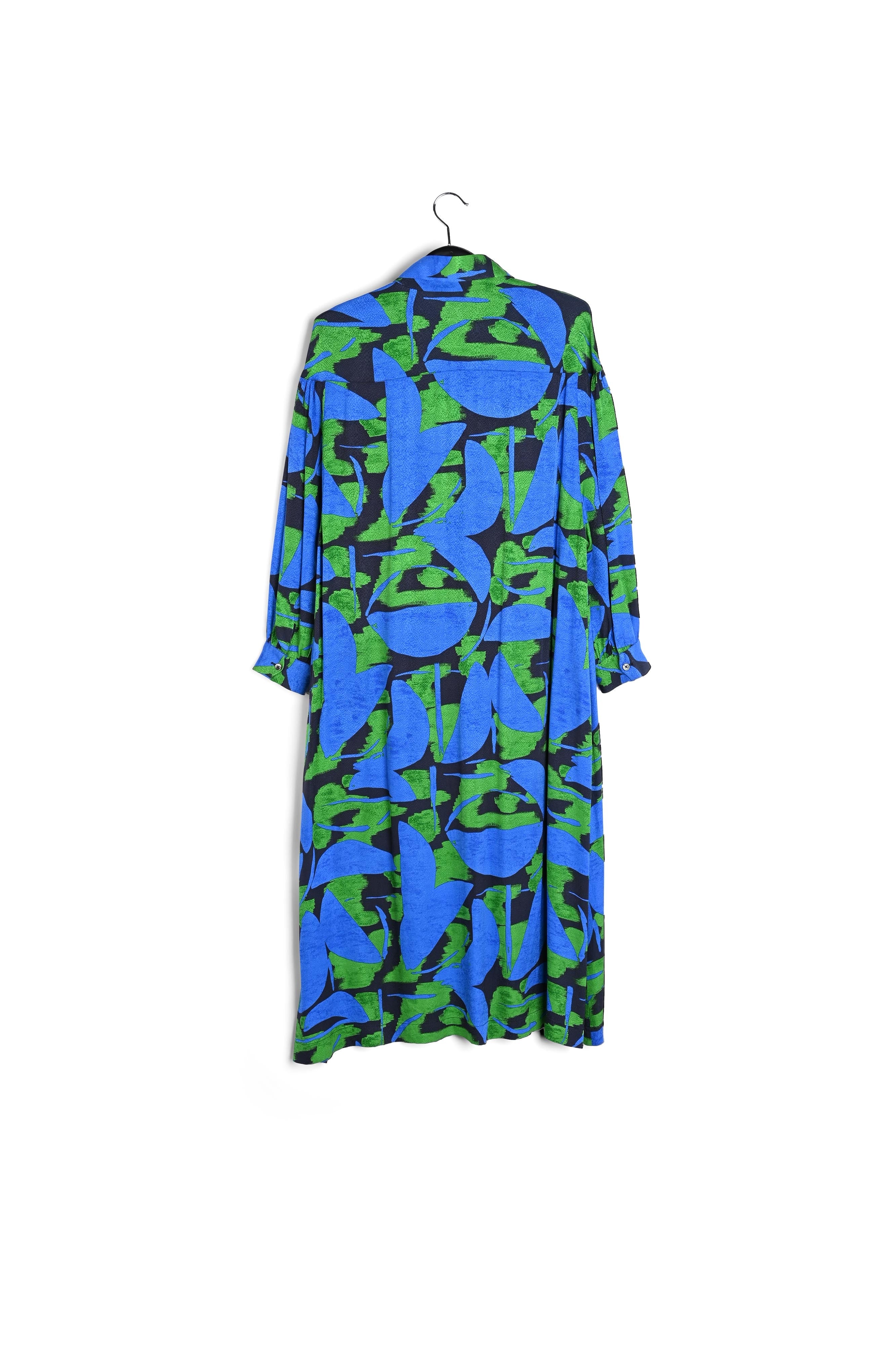 Midi-jurk met abstracte print in blauw, zwart en groen RE—SSENTIEL | Essentiel second hand