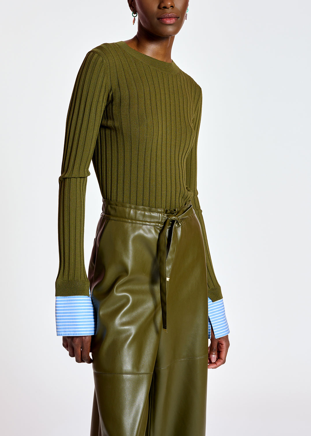 Khaki rib-knitted sweater with striped cuffs RE—SSENTIEL | Essentiel second hand