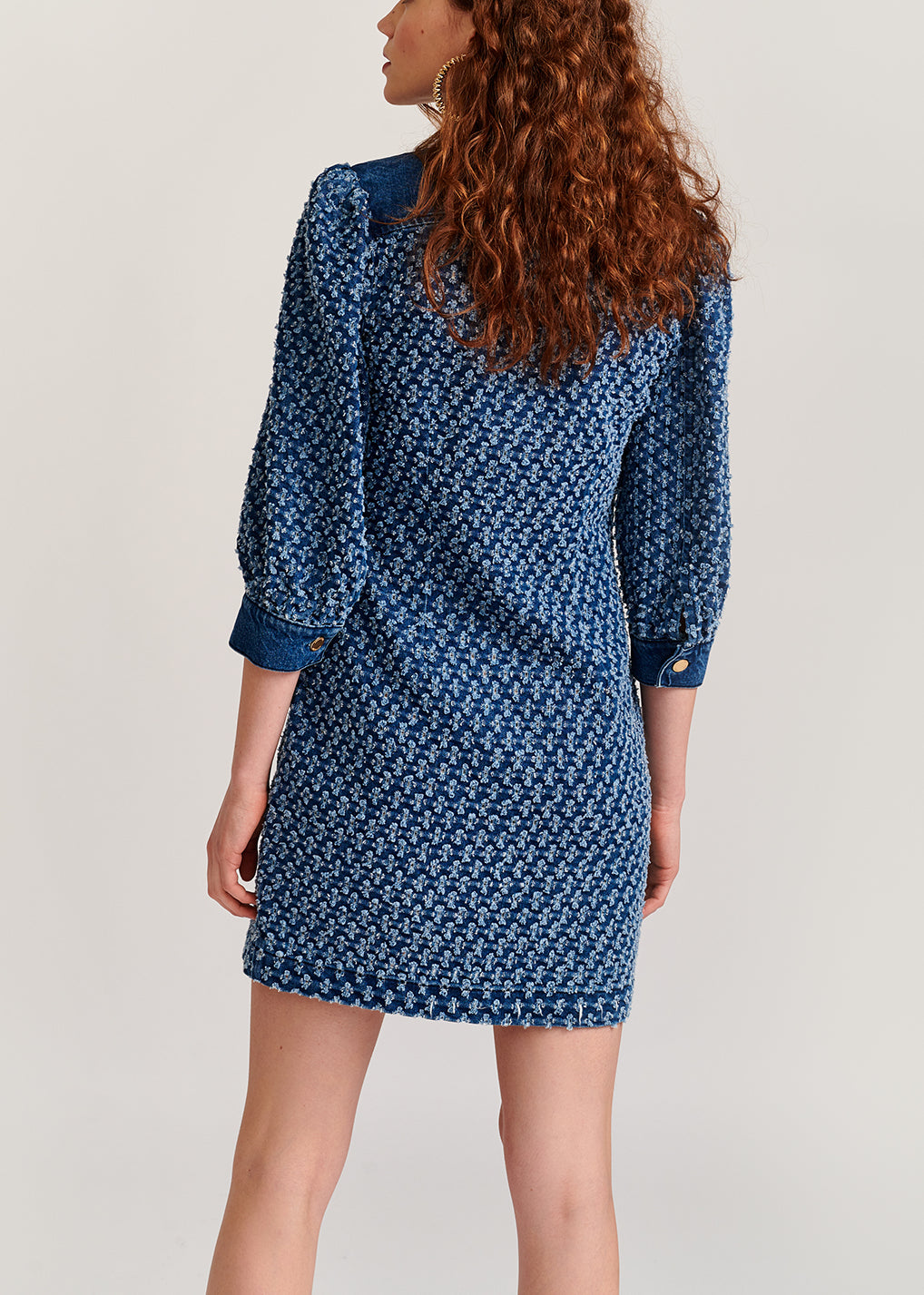 Dark blue perforated denim puffed sleeves mini dress RE—SSENTIEL | Essentiel second hand
