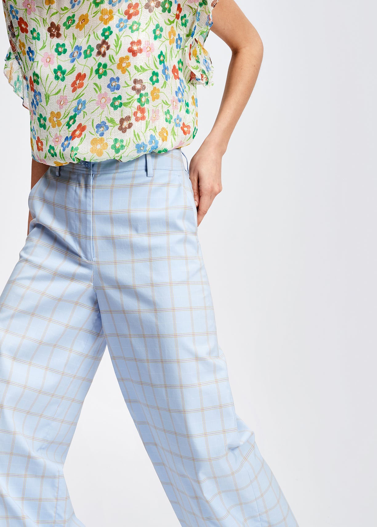 Lichtblauwe tartanbroek met wijde pijpen RE—SSENTIEL | Essentiel second hand