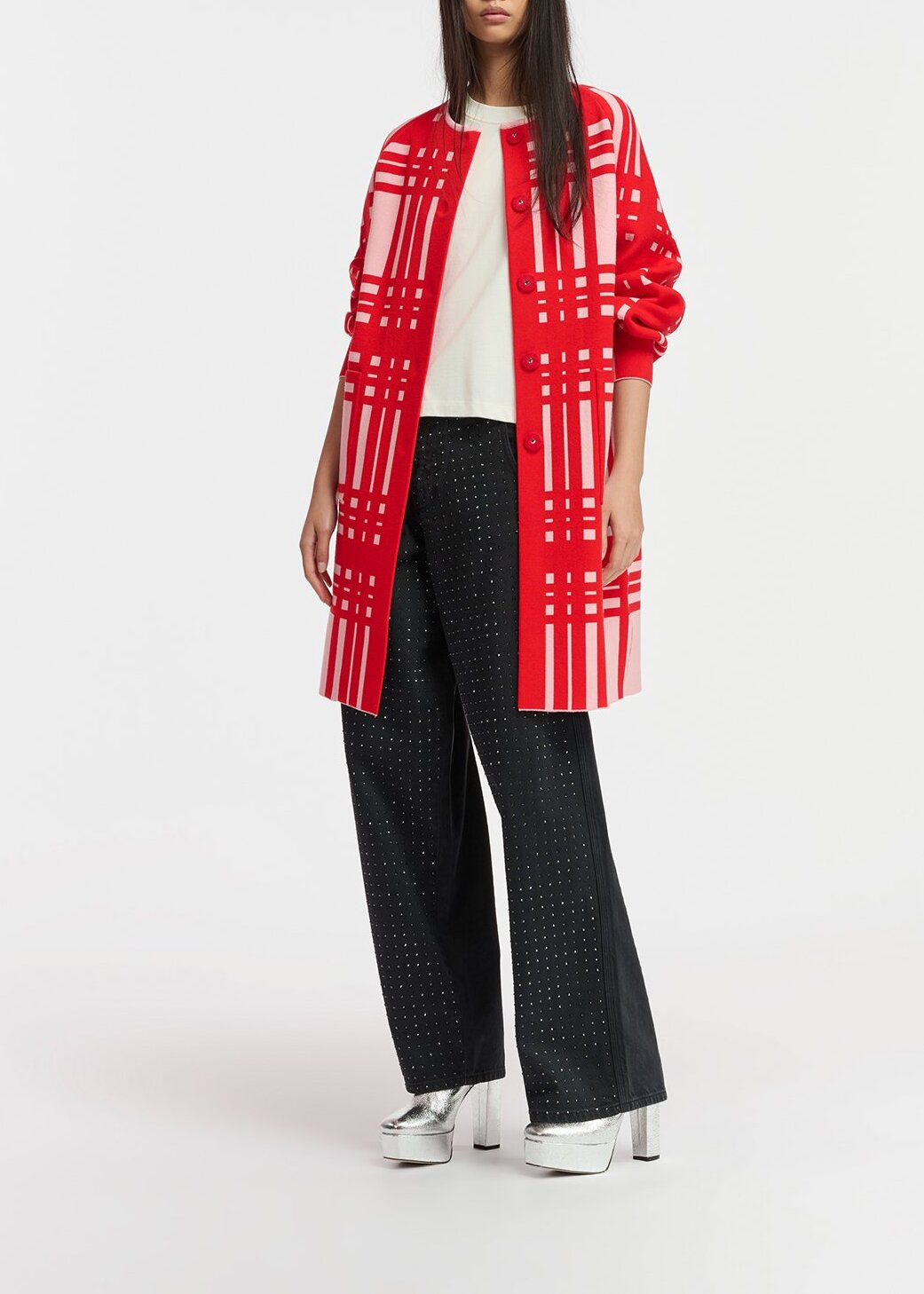 Cardigan à  carreaux rose clair et rouge RE—SSENTIEL | Essentiel second hand