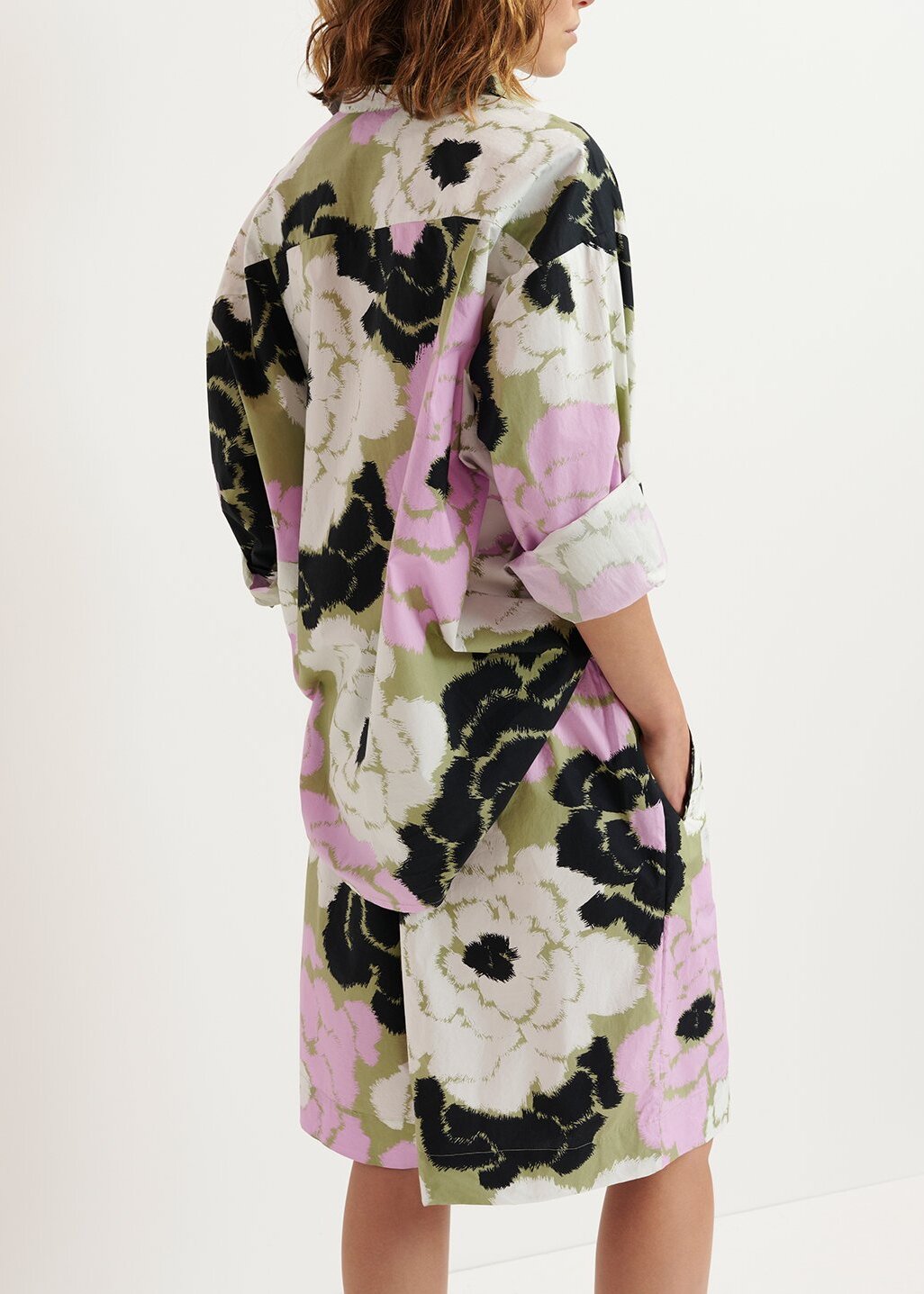 Light khaki, lilac and off-white cotton shirt with floral print RE—SSENTIEL | Essentiel second hand