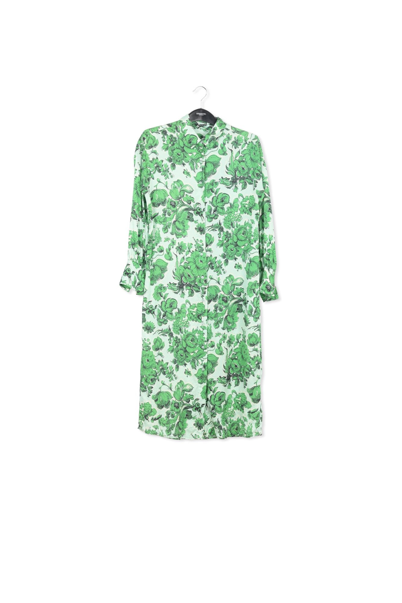 Robe chemise en soie bleue et verte fleurie RE—SSENTIEL | Essentiel second hand
