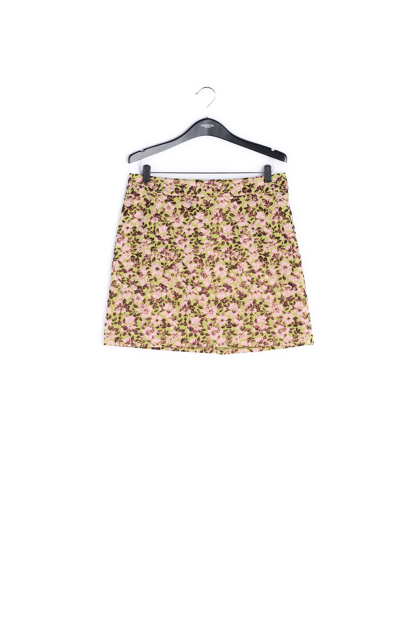Green mini skirt with metallic floral motif RE—SSENTIEL | Essentiel second hand