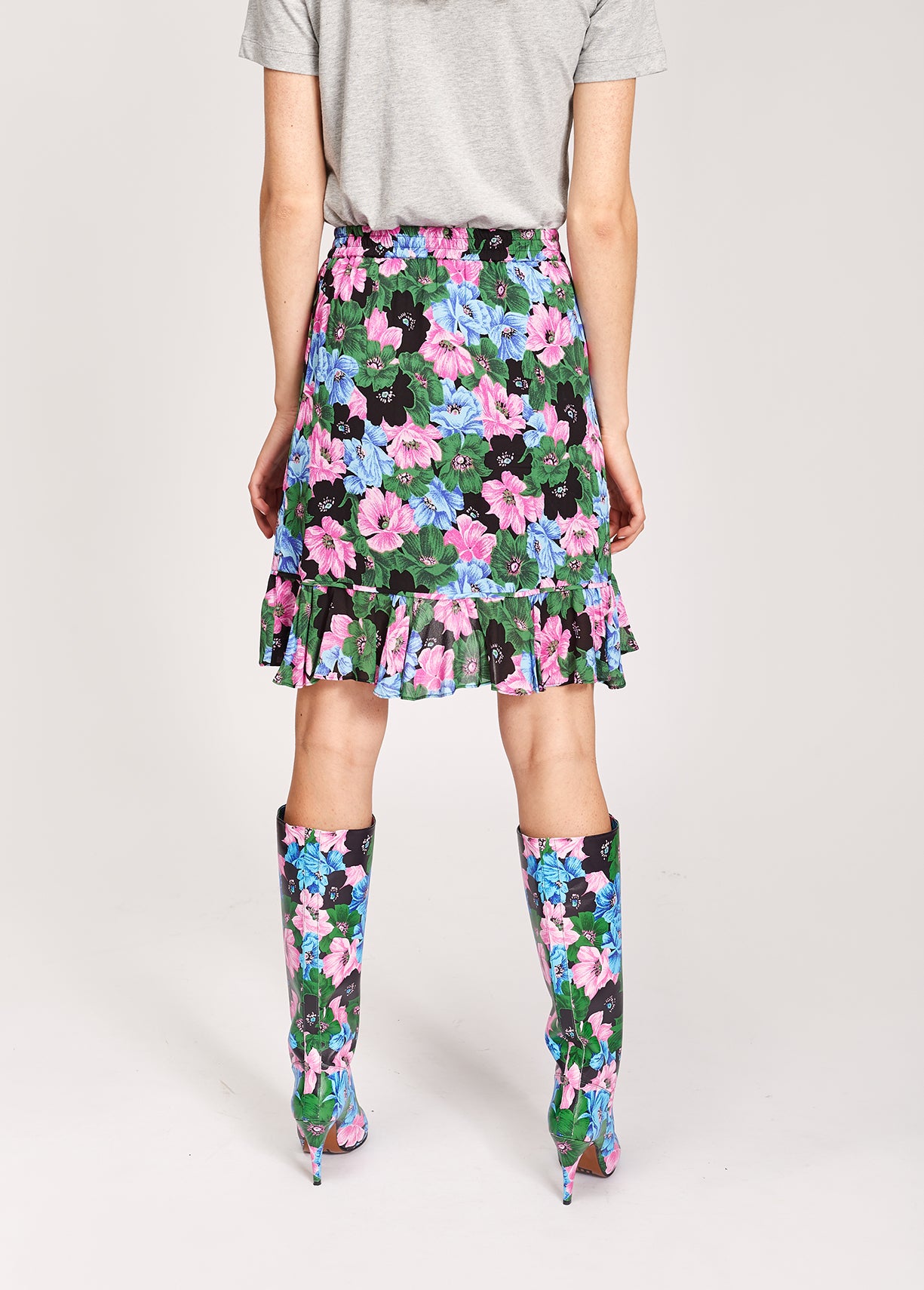 Minijupe portefeuille rose, bleu clair et vert bouteille à imprimé floral RE—SSENTIEL | Essentiel second hand