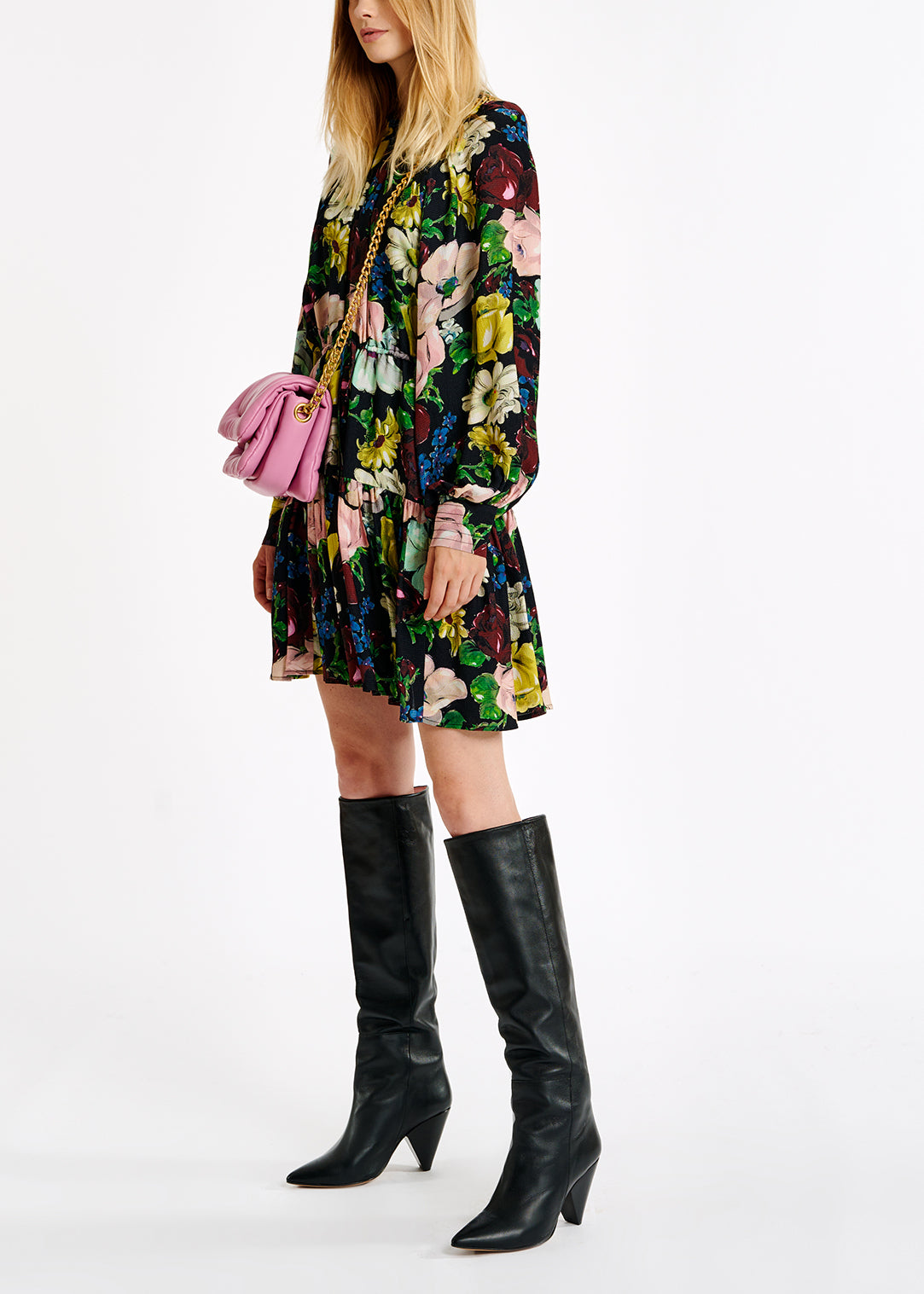 Black, white and yellow floral print mini dress RE—SSENTIEL | Essentiel second hand