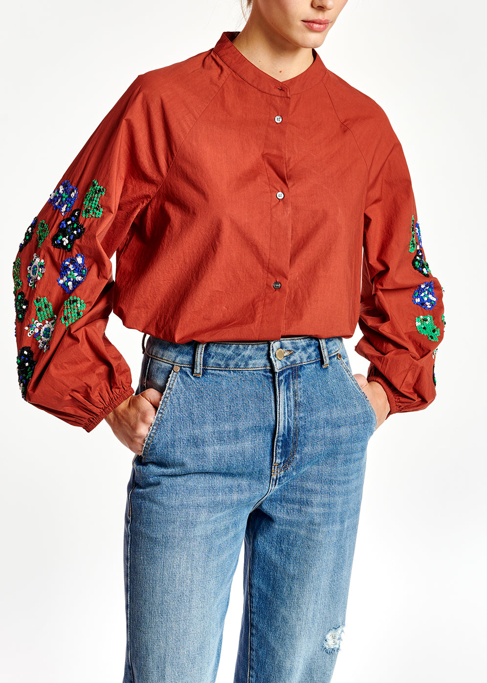 Burgundy sequin-embroidered shirt RE—SSENTIEL | Essentiel second hand