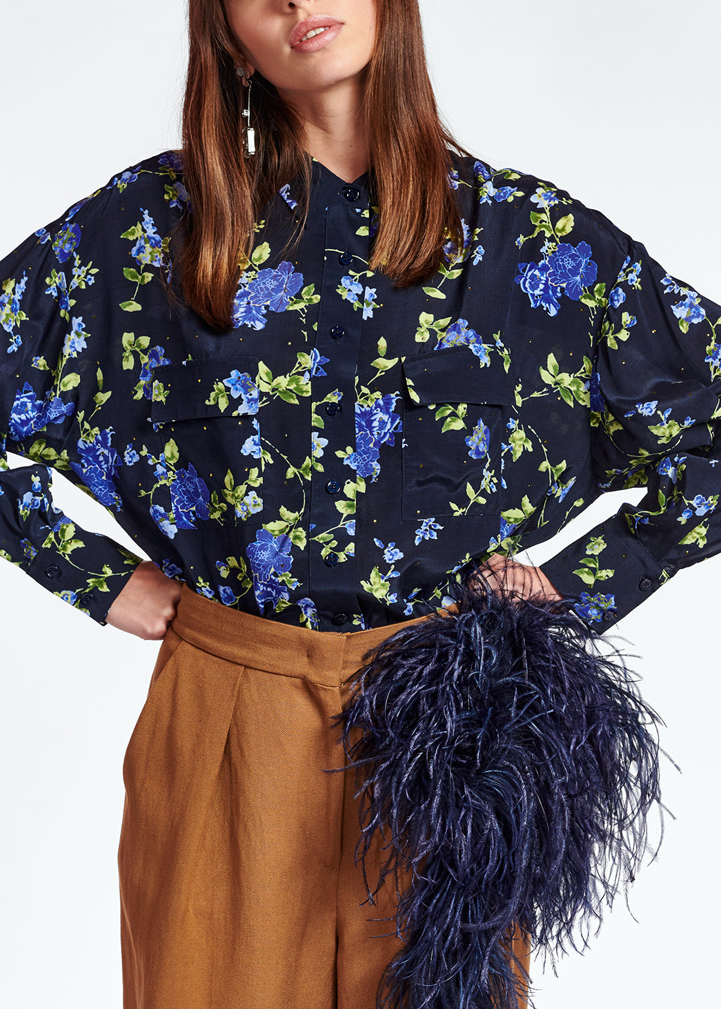 Dark bluefloral print shirt with rhinestones RE—SSENTIEL | Essentiel second hand