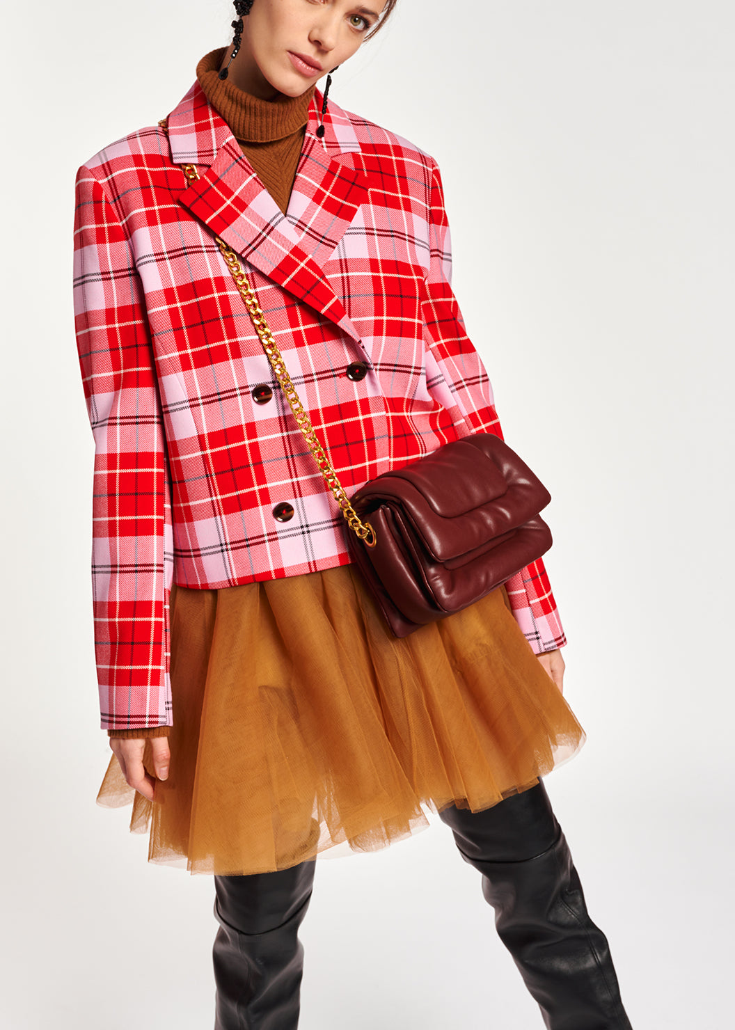 Red check cropped-fit blazer RE—SSENTIEL | Essentiel second hand