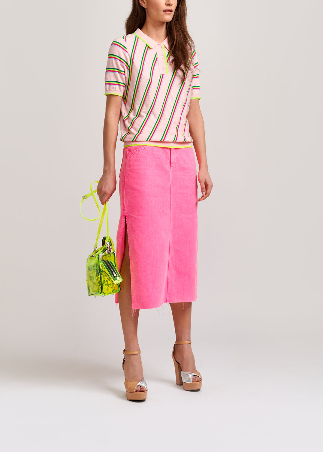 Light pink polo shirt with neon stripes RE—SSENTIEL | Essentiel second hand