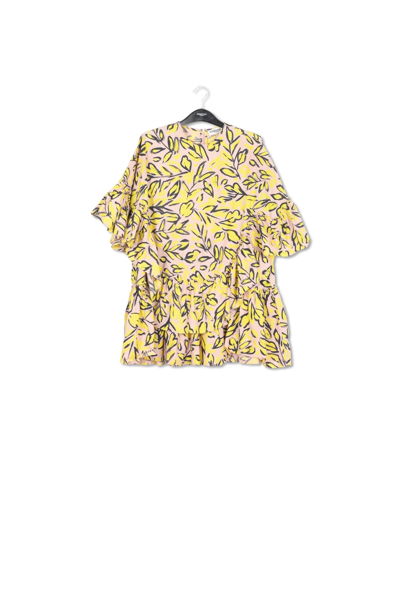 Beige ruffled cotton dress with floral print RE—SSENTIEL | Essentiel second hand