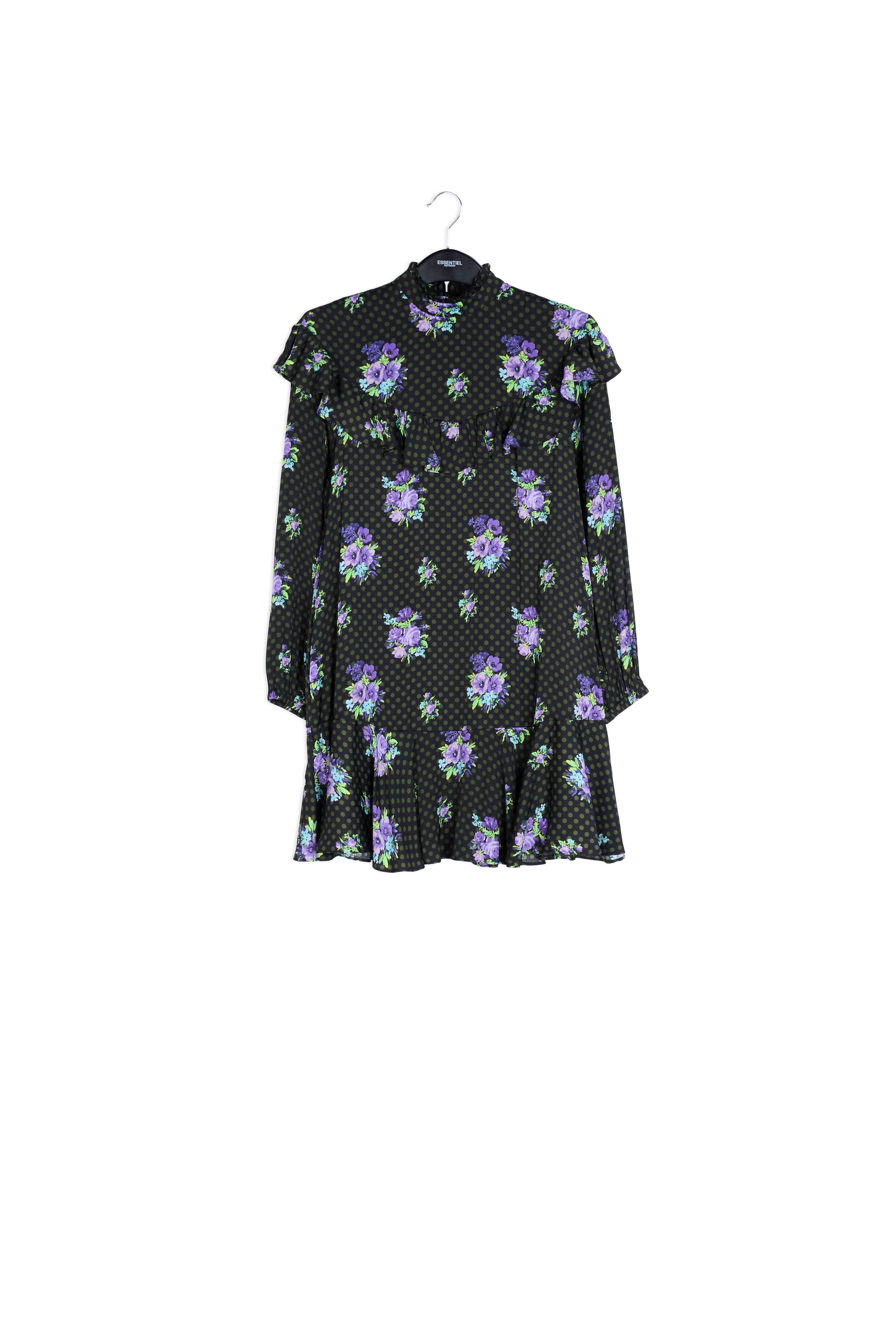 Zwart en paarse A-lijn jurk met volants RE—SSENTIEL | Essentiel second hand