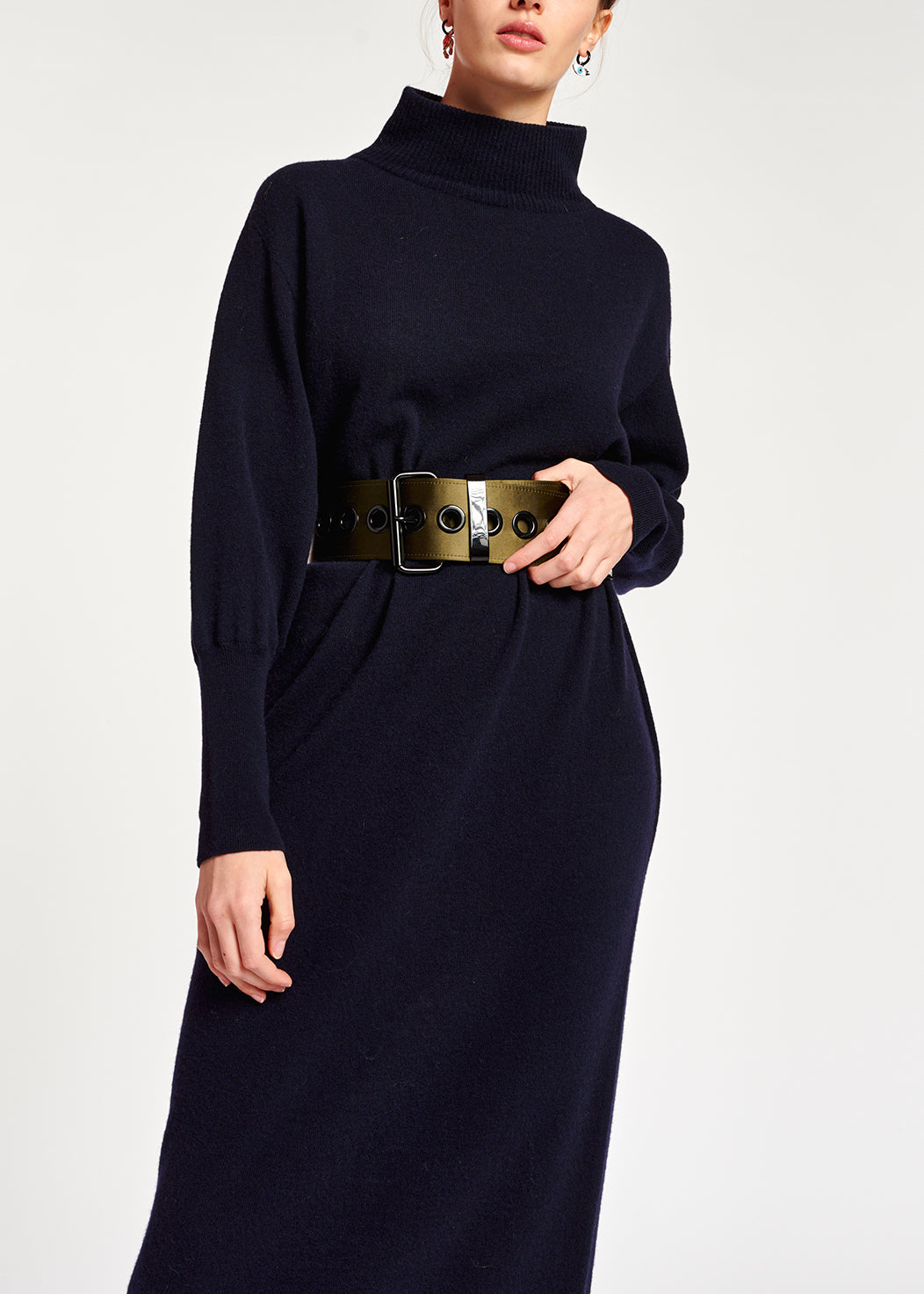 Dark blue midi-length merino wool blend knit dress RE—SSENTIEL | Essentiel second hand
