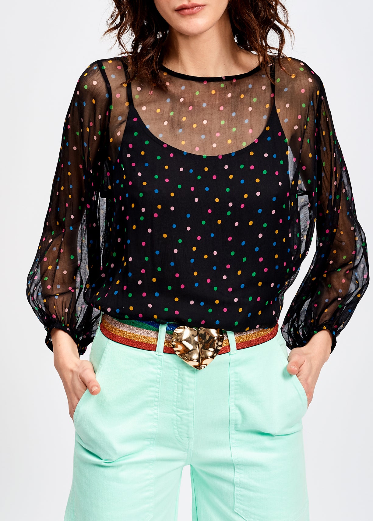 Zwarte doorschijnende top met voering en stippen RE—SSENTIEL | Essentiel second hand