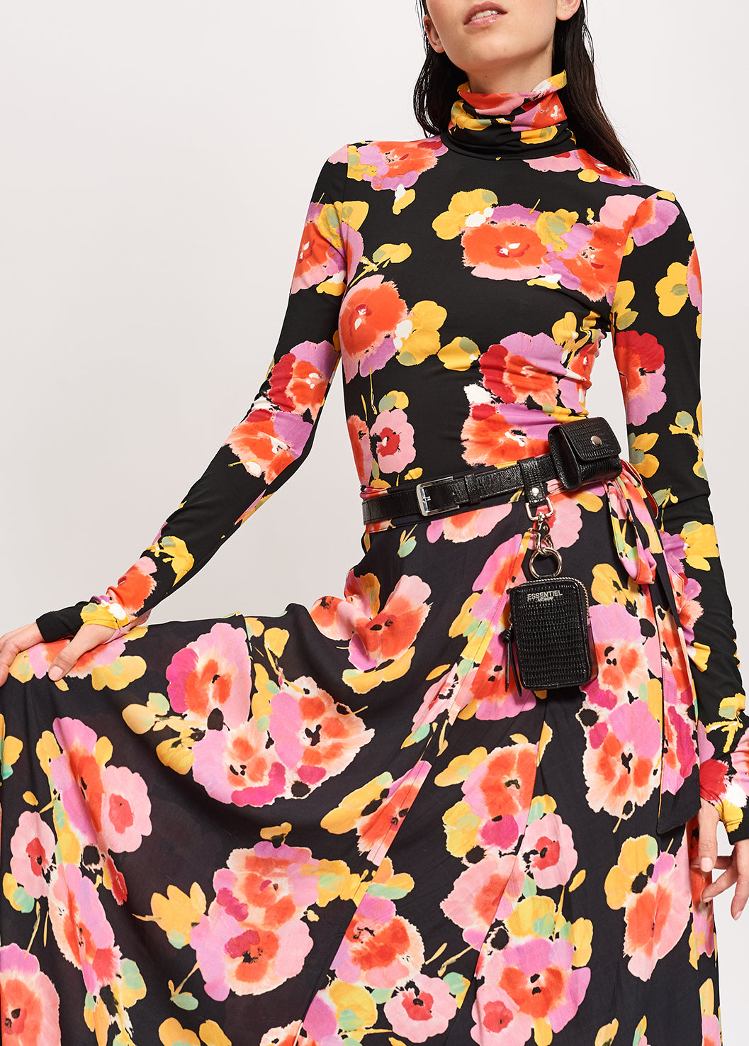 Black turtleneck top with floral-print RE—SSENTIEL | Essentiel second hand