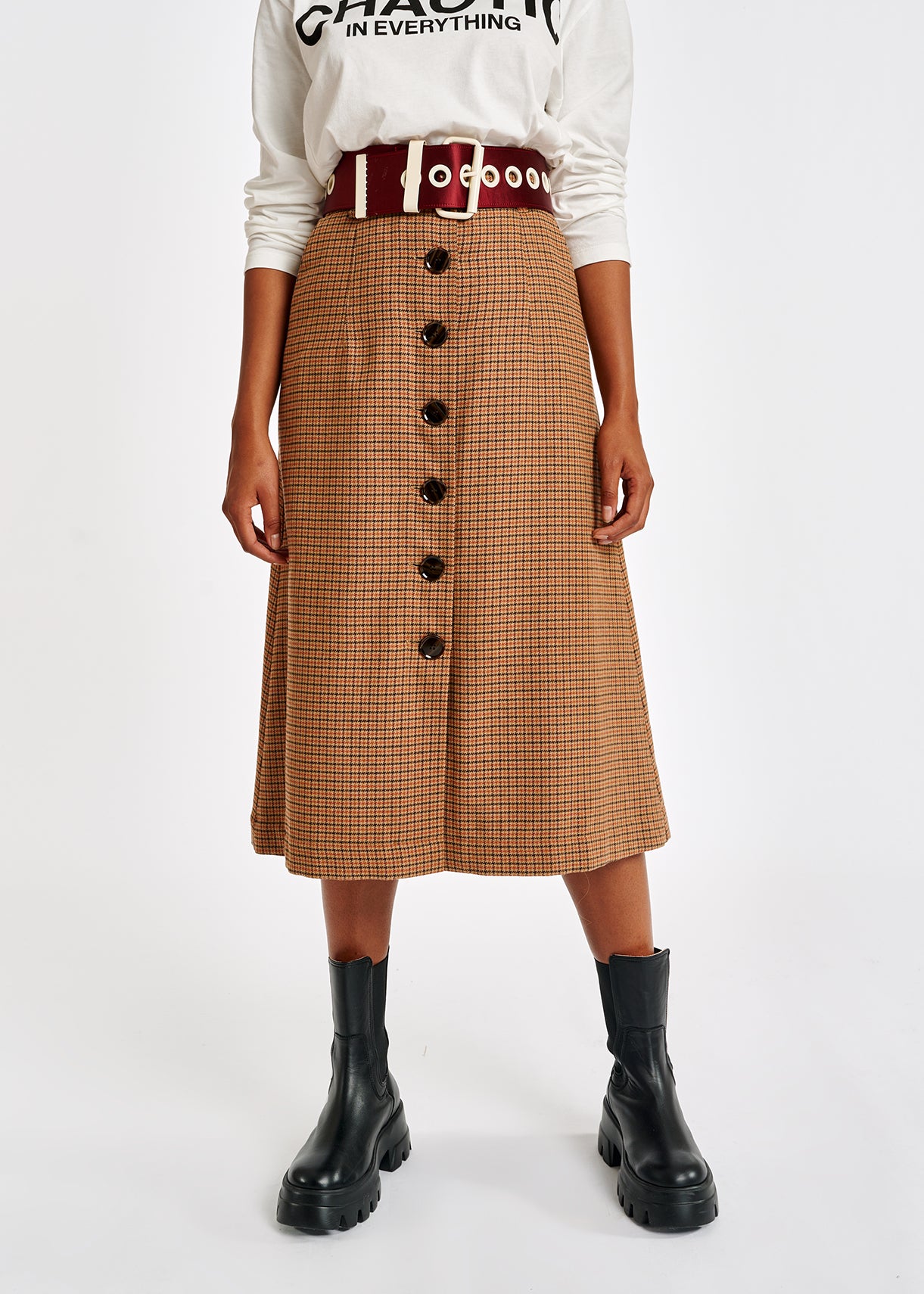 Brown check midi-length skirt RE—SSENTIEL | Essentiel second hand