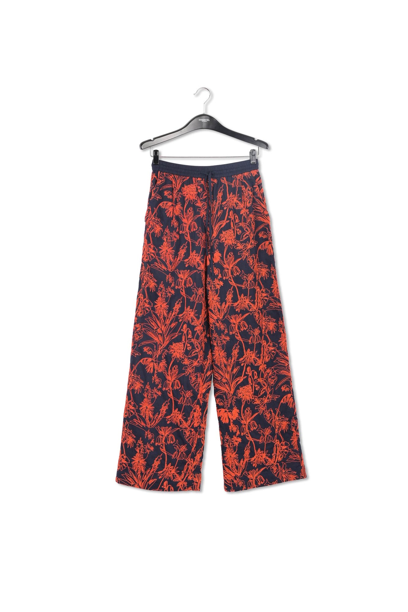 Pantalon large bleu marine à  fleurs brodées RE—SSENTIEL | Essentiel second hand