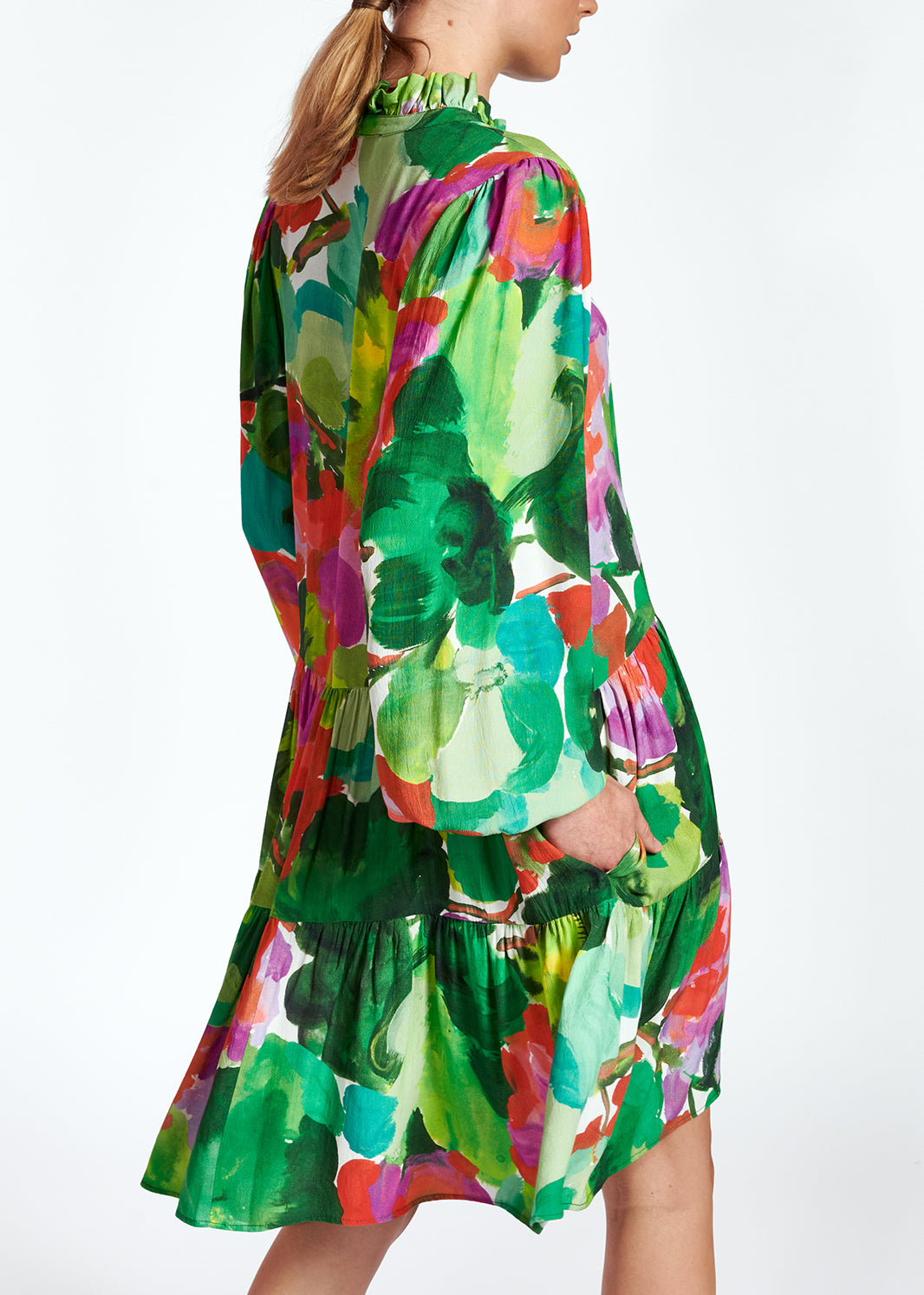 Mini robe trapèze à imprimé aquarelle vert, rouge et pourpre RE—SSENTIEL | Essentiel second hand