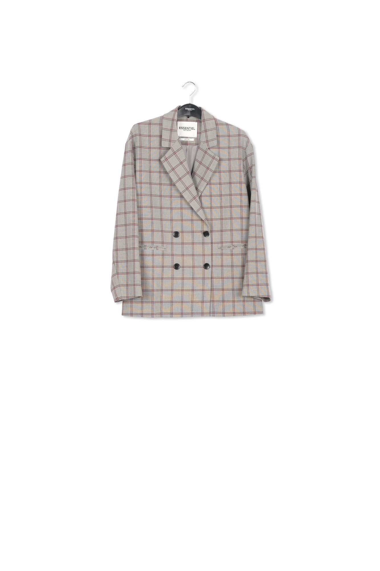 Grey windowpane check double-breasted blazer RE—SSENTIEL | Essentiel second hand