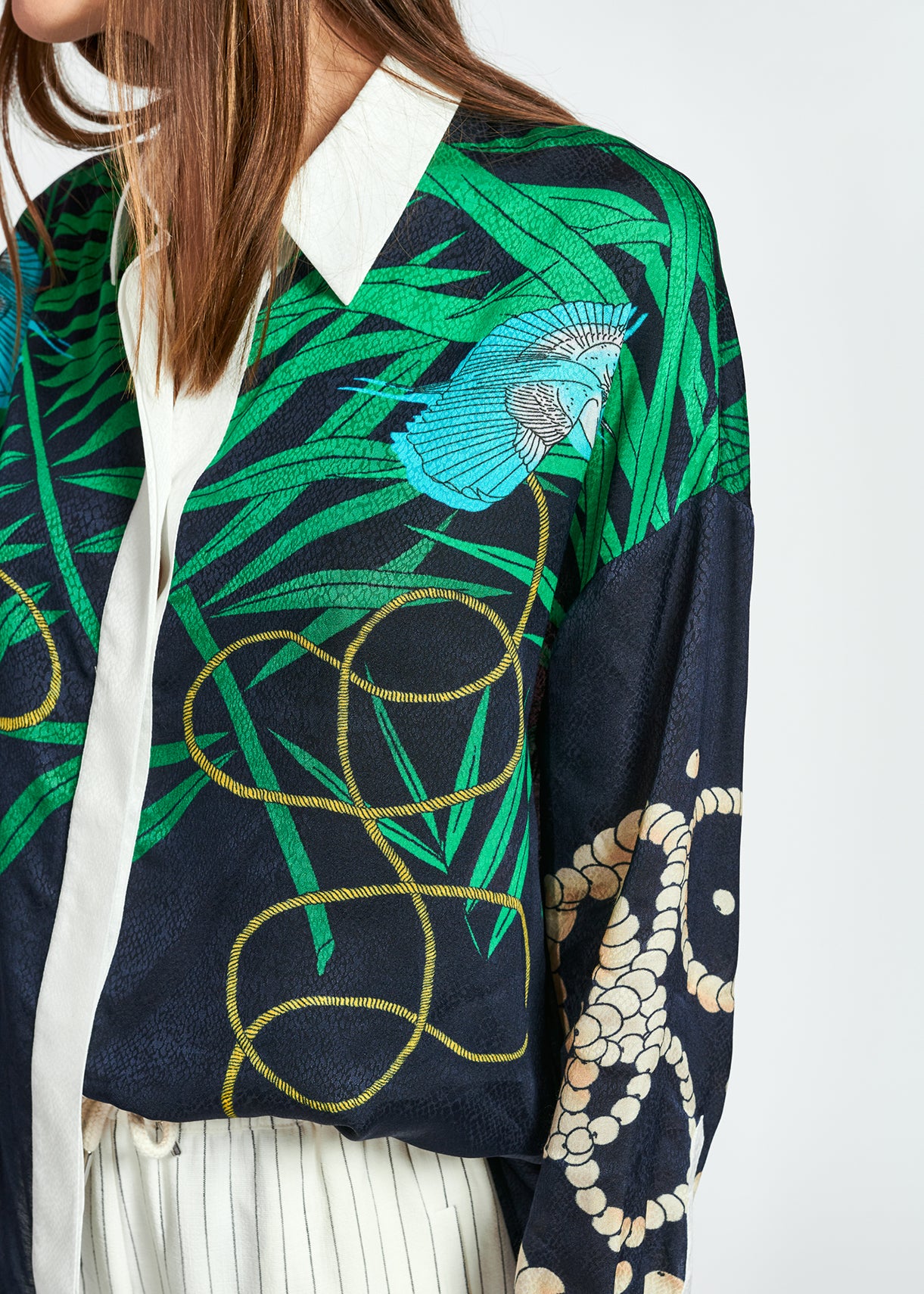 Dark blue tropical print viscose-jacquard shirt RE—SSENTIEL | Essentiel second hand